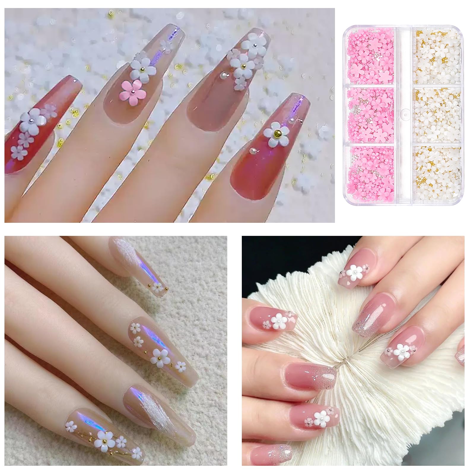 NICENEEDED 3D Flowers Nail Art Charms, White Pink Acrylic Nail Charms Nail Art Rhinestones with Gold Silver Round Beads - Image 3