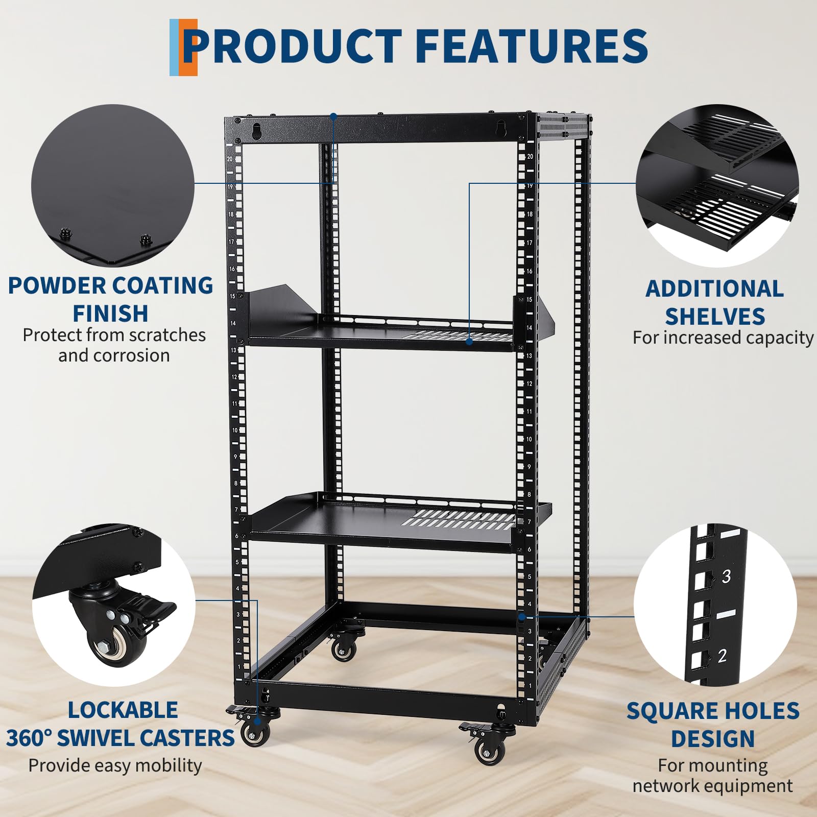 GarveeHome Rack Server e Rete Open Frame in acciaio - Profondità regolabile 56-102cm - 10U - 2 ripiani ventilati, 4 ruote bloccabili - Montaggio a muro o pavimento - Per IT, AV, networking - Include 2
