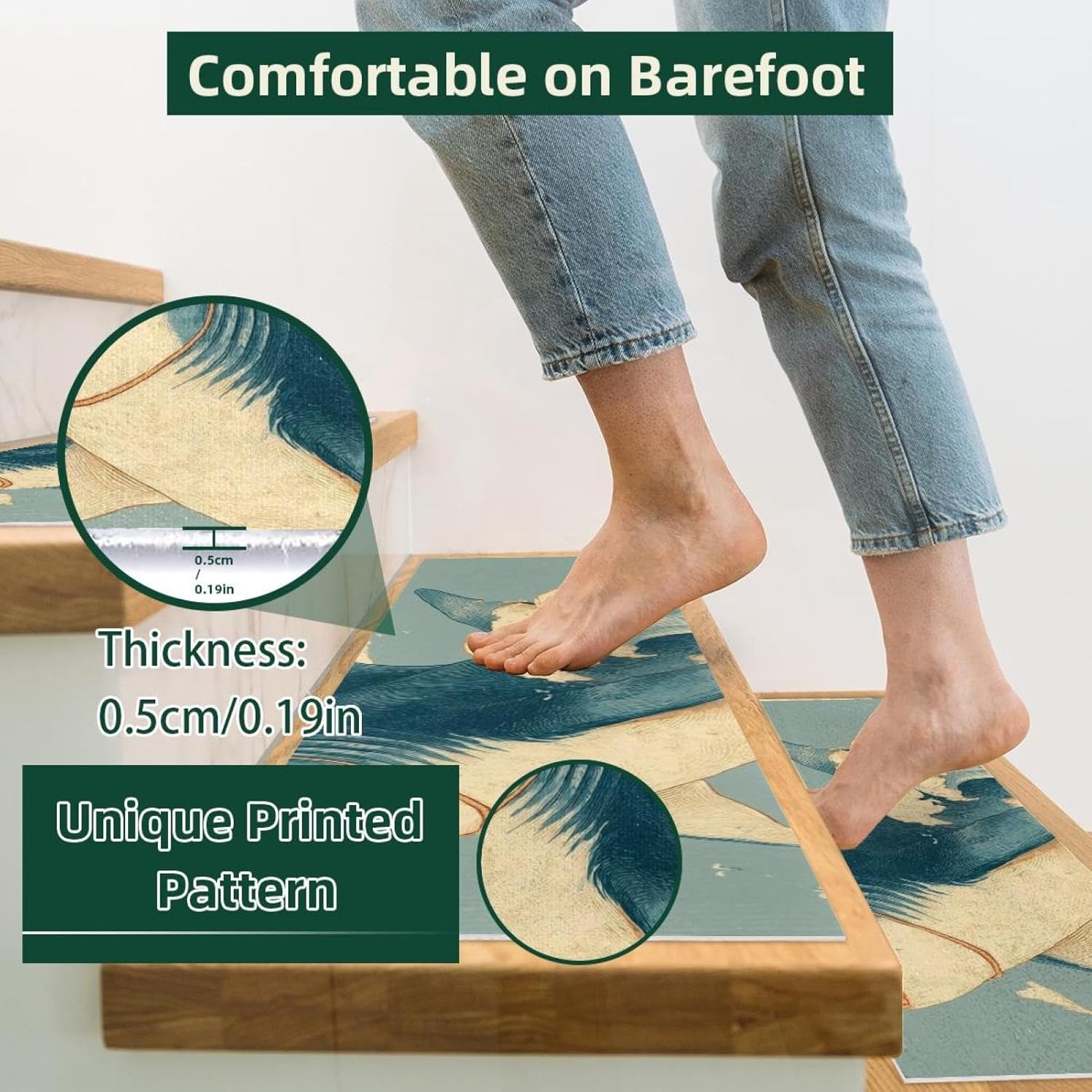 15 Pack Funny Cat Riding Shark Ocean (1) Stair Treads,8" X 30" Non Slip Carpet Stair Treads Reusable Staircase Step Treads Carpet Treads for Wooden Steps Indoor