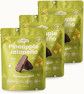 Mourish Vegan Mushroom Bites, Pineapple Jalapeno, 3 Pack (2 oz), Good Source of Protein and Fiber, Plant Based Meat Jerky, Spicy Flavor, Meatless Healthy Snacks for Hiking, Work, Travel & School