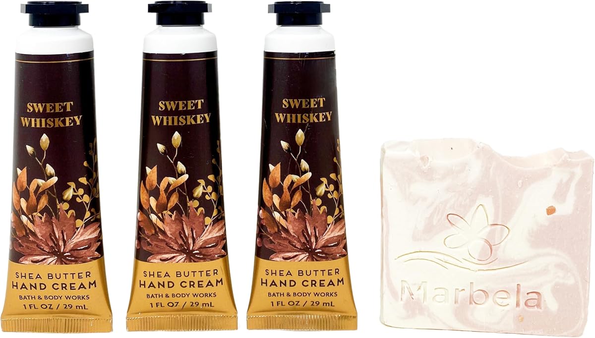 Bath & Body Works Sweet Whiskey Hand Cream - Pack of 3 - With a Himalayan Salts Spring Sample Soap.