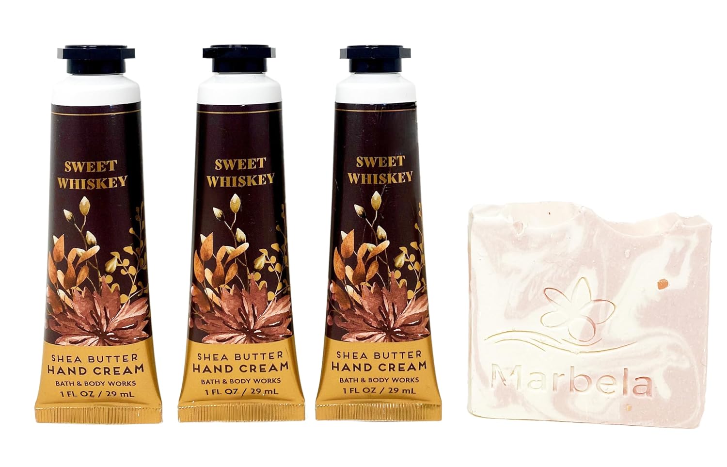 Bath & Body Works Sweet Whiskey Hand Cream - Pack of 3 - With a Himalayan Salts Spring Sample Soap.