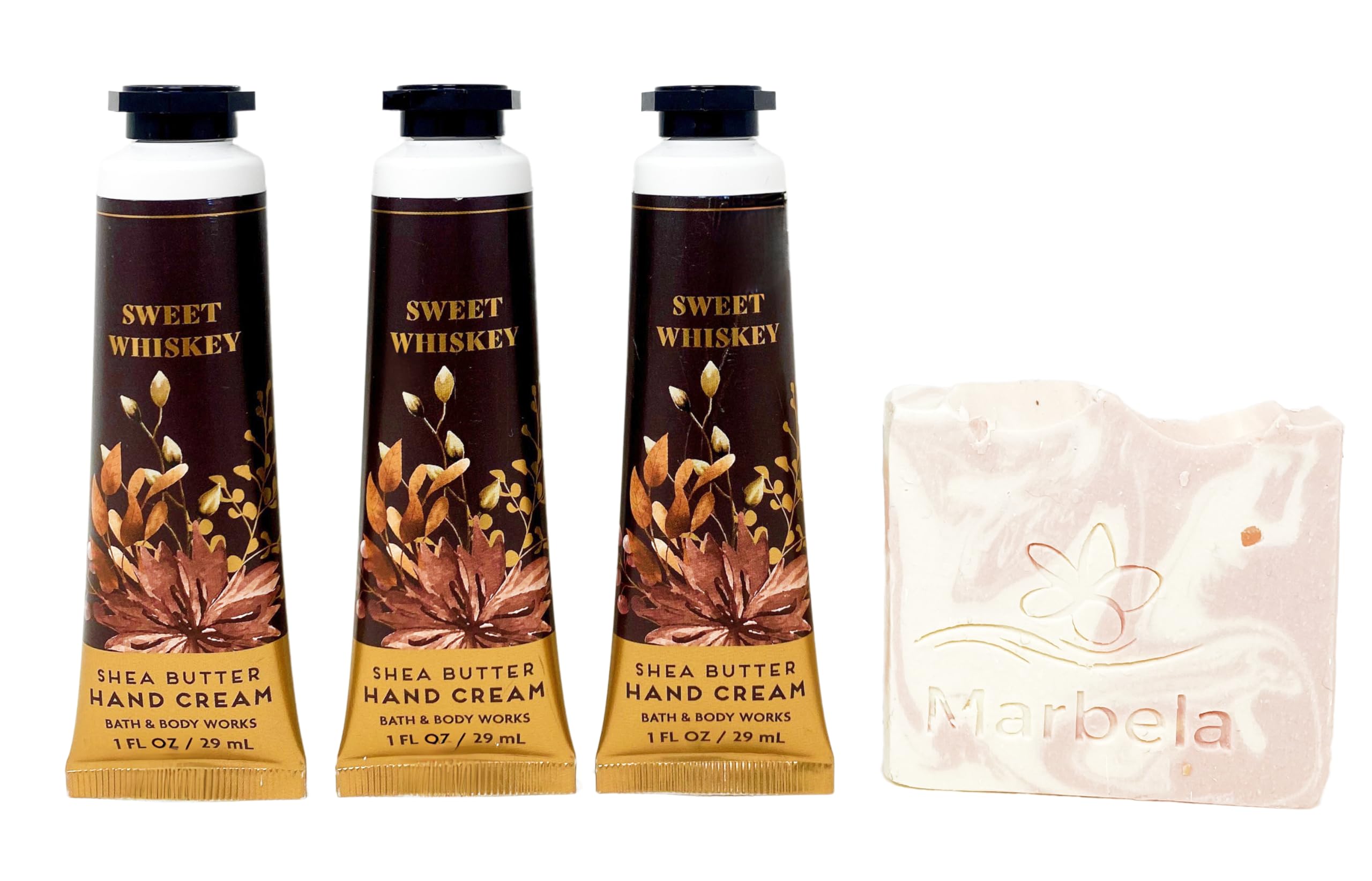 Bath & Body Works Sweet Whiskey Hand Cream - Pack of 3 - With a Himalayan Salts Spring Sample Soap.