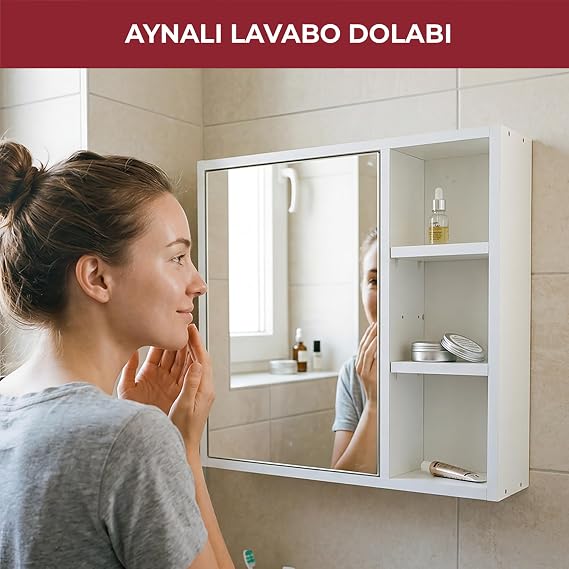 PIKAS Aynalı Banyo Dolabı, Lavabo Üstü Tek Kapaklı 3 Raflı Çok Amaçlı Duvar Tipi Banyo Üst Dolabı, Beyaz