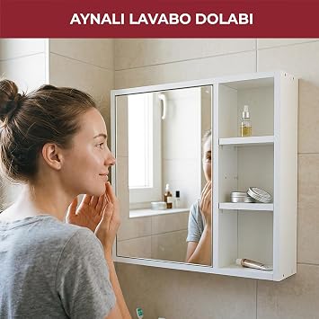 PIKAS Aynalı Banyo Dolabı, Lavabo Üstü Tek Kapaklı 3 Raflı Çok Amaçlı Duvar Tipi Banyo Üst Dolabı, Beyaz