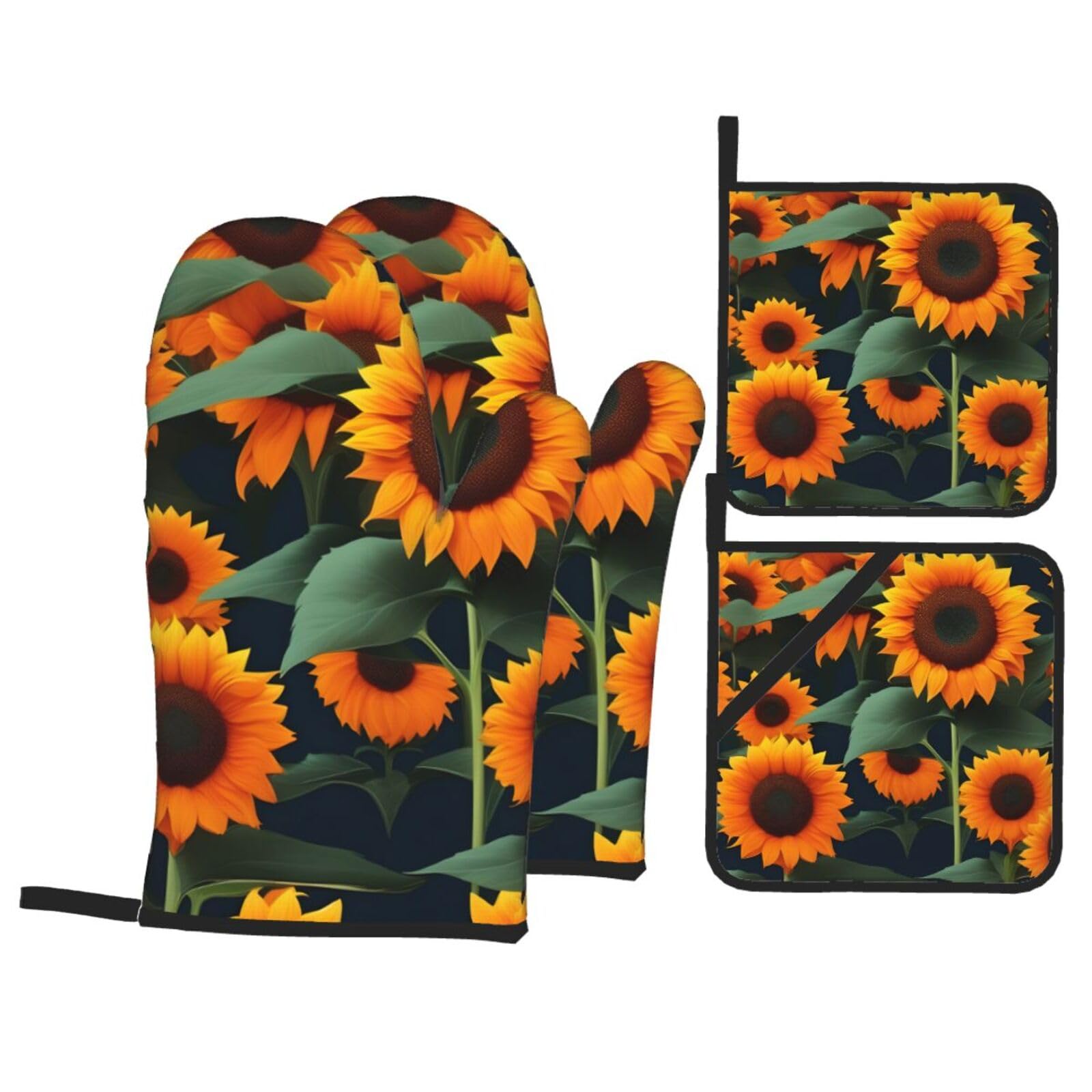 Orange Sunflower Print 4-Piece Oven Microwaving Set Waterproof Kitchen Gloves for Baking Grilling Cooking