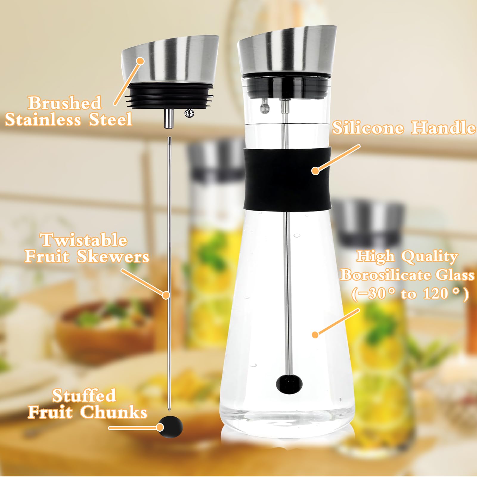 Caraffa Vetro,1.2 Litri Brocca con Spiedo per Frutta,Brocca per Acqua in Vetro Coperchio Inox per Succo Caldo Freddo,Bevande ghiacciate,tè,Latte,caffè e Vino Rosso