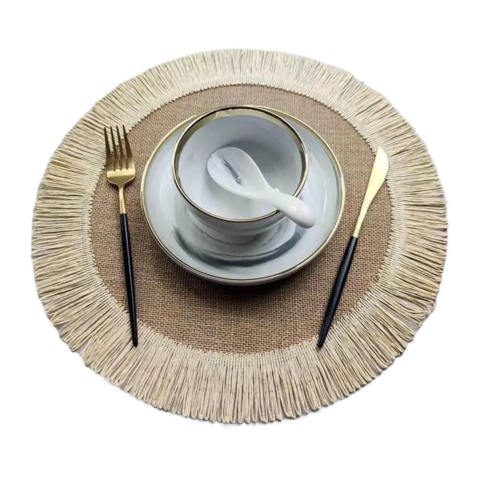 Woven Placemats Round Braided Placemats Fringe Paper Table Mats Hand Woven Non-slip Insulation Place Tea Cup Pad(White,1 PCS_38CM)