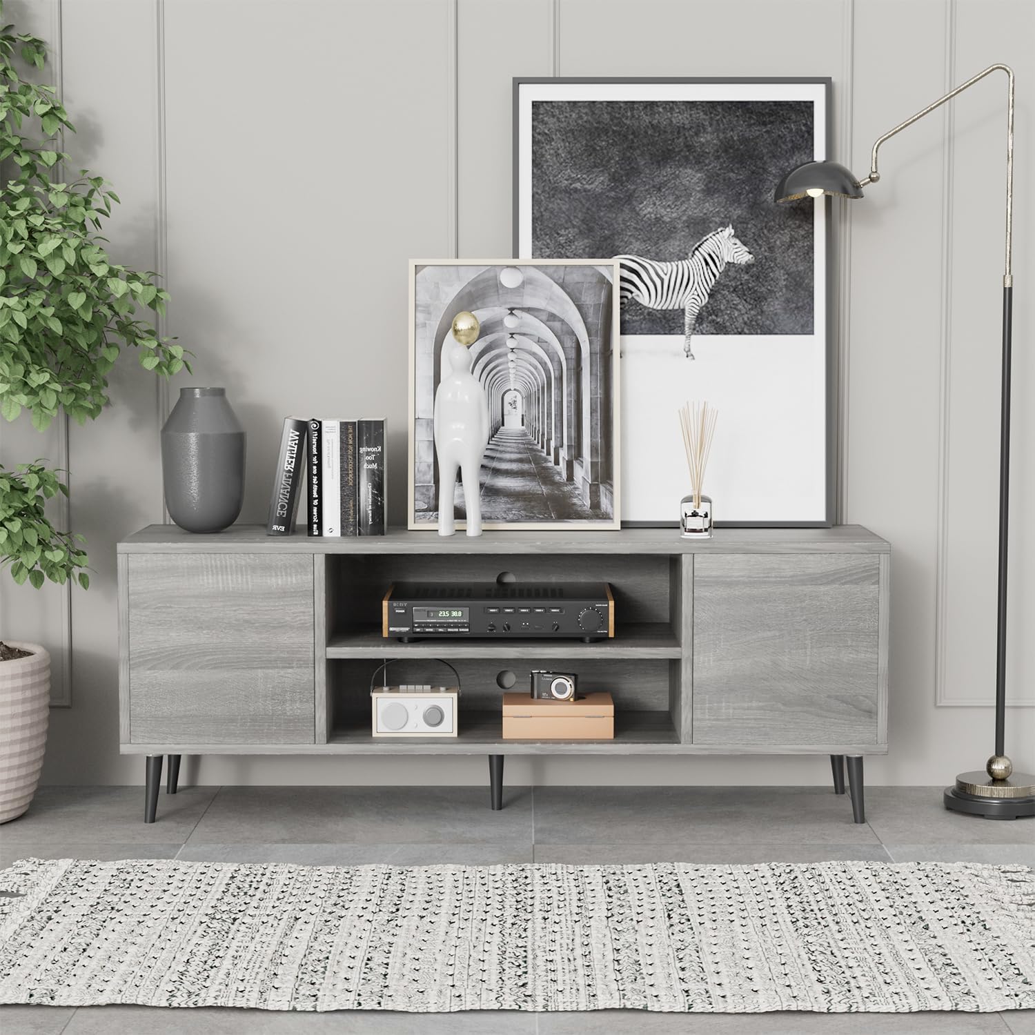 JUMMICO TV Stand for 65 Inch TV, Mid Century Modern TV Stand, Entertainment Center with Storage Cabinet and Open Shelves, TV Console Table Media Cabinet for Living Room, and Bedroom (Light Gray)