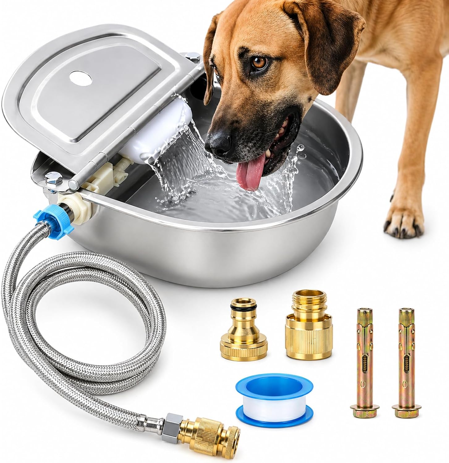 FHTONGE 304 Stainless Steel Automatic Water Dispenser with Drainage for Outdoor Big Dog, Large Auto Fill Dog Waterer Float Valves for Livestock Poultry Horse Cow Goat Pig Chicken Duck Rabbit Drinking