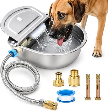 FHTONGE 304 Stainless Steel Automatic Dog Water Bowl Dispenser with Outfall | Float Valves Auto Fill, Wall-Mounted Dog Waterer for Outdoor Big Dog Livestock Poultry Horse Cow Goat Pig Chicken Duck Rabbit