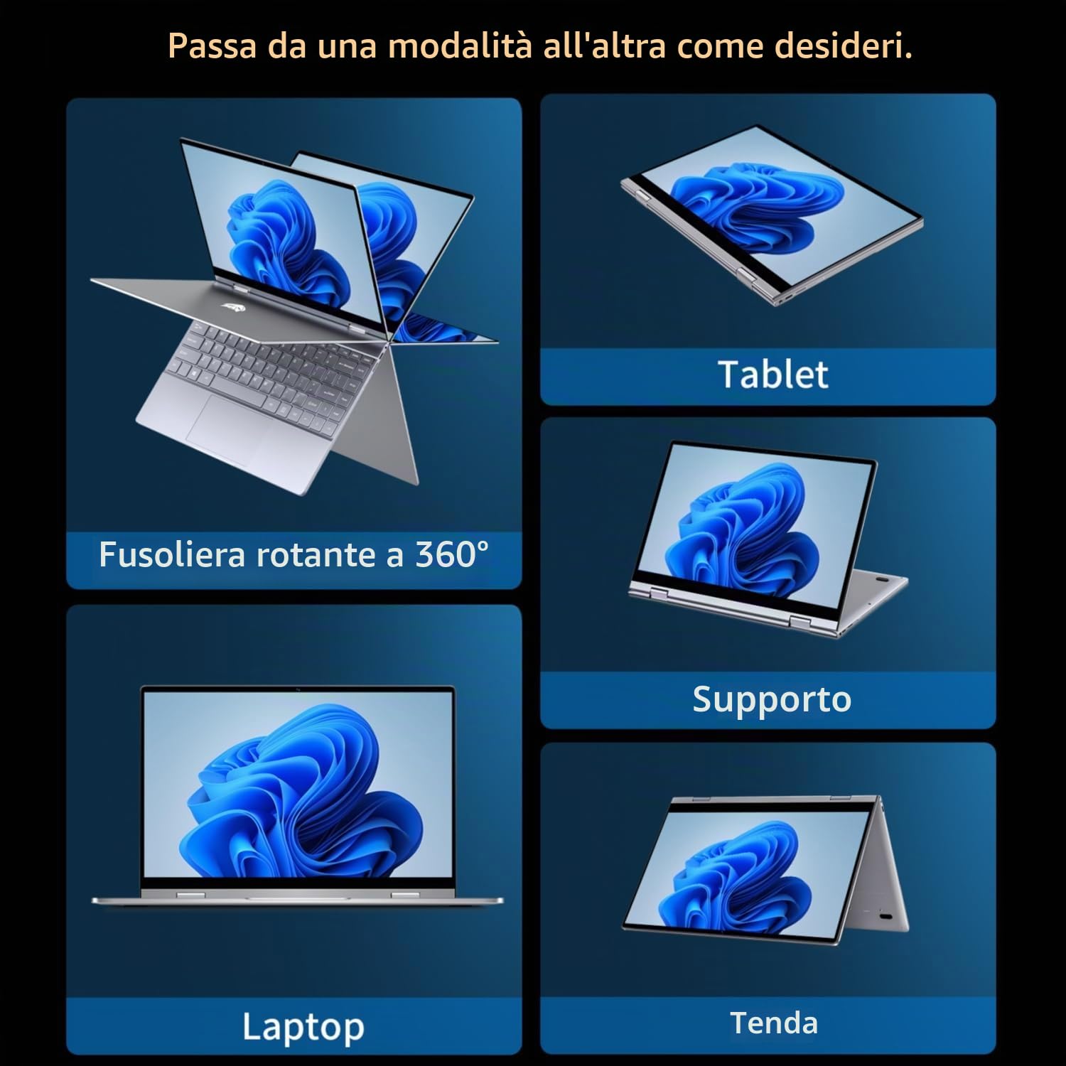 BMAX PC Portatile Touchscreen 2 in 1 Notebook 12GB RAM 512GB SSD Celeron N5100 Girevole a 360° da 13,3 Pollici, Tastiera Retroilluminata 1920x1080 5G WiFi BT4.2 Type Cx2 Film per Tastiera Italiana