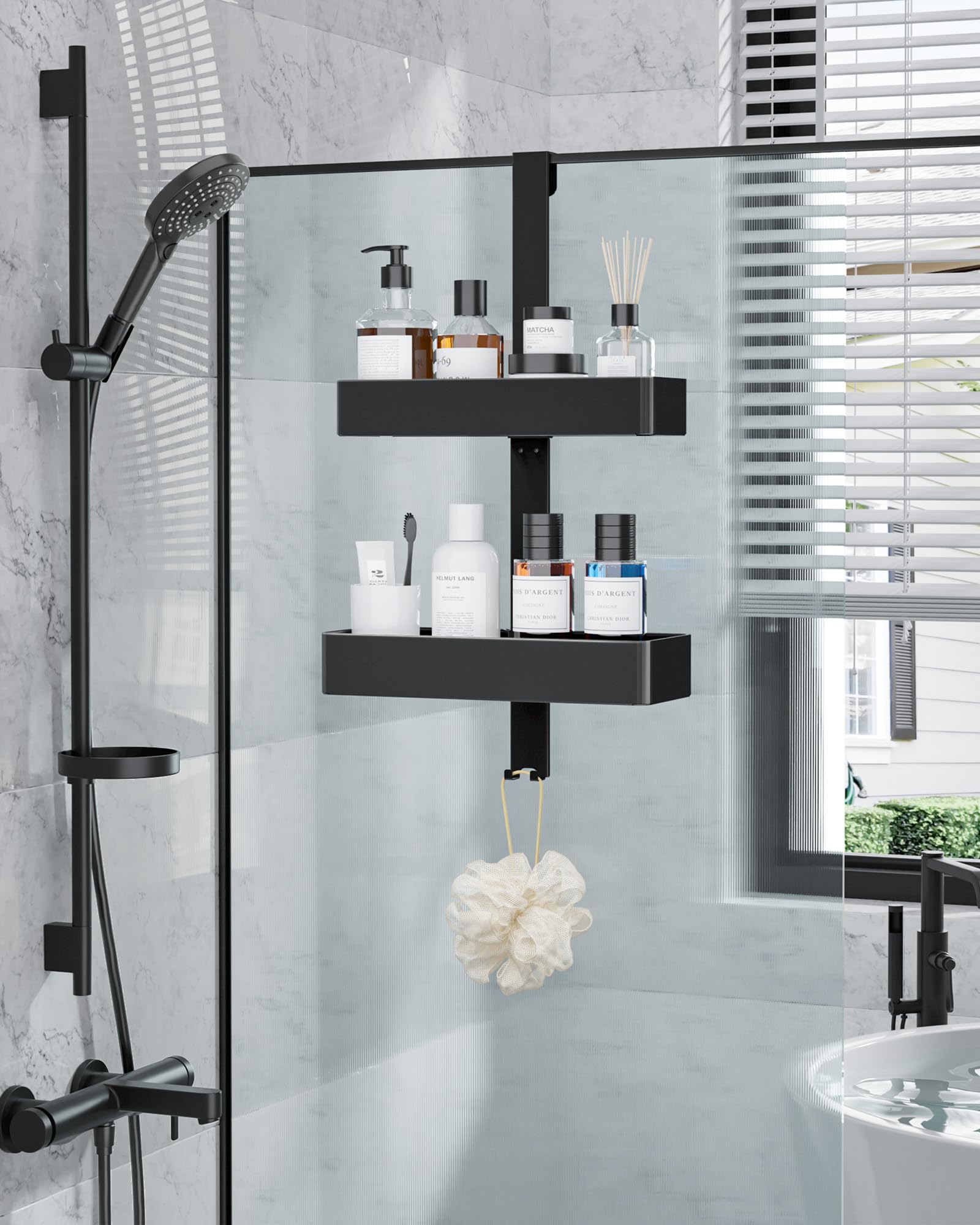 Kitsure Étagère Douche Suspendue 2 Niveaux sans Perçage Antirouille Rangement Salle de Bain Noir 29,1 x 11,2 x 55,3 cm