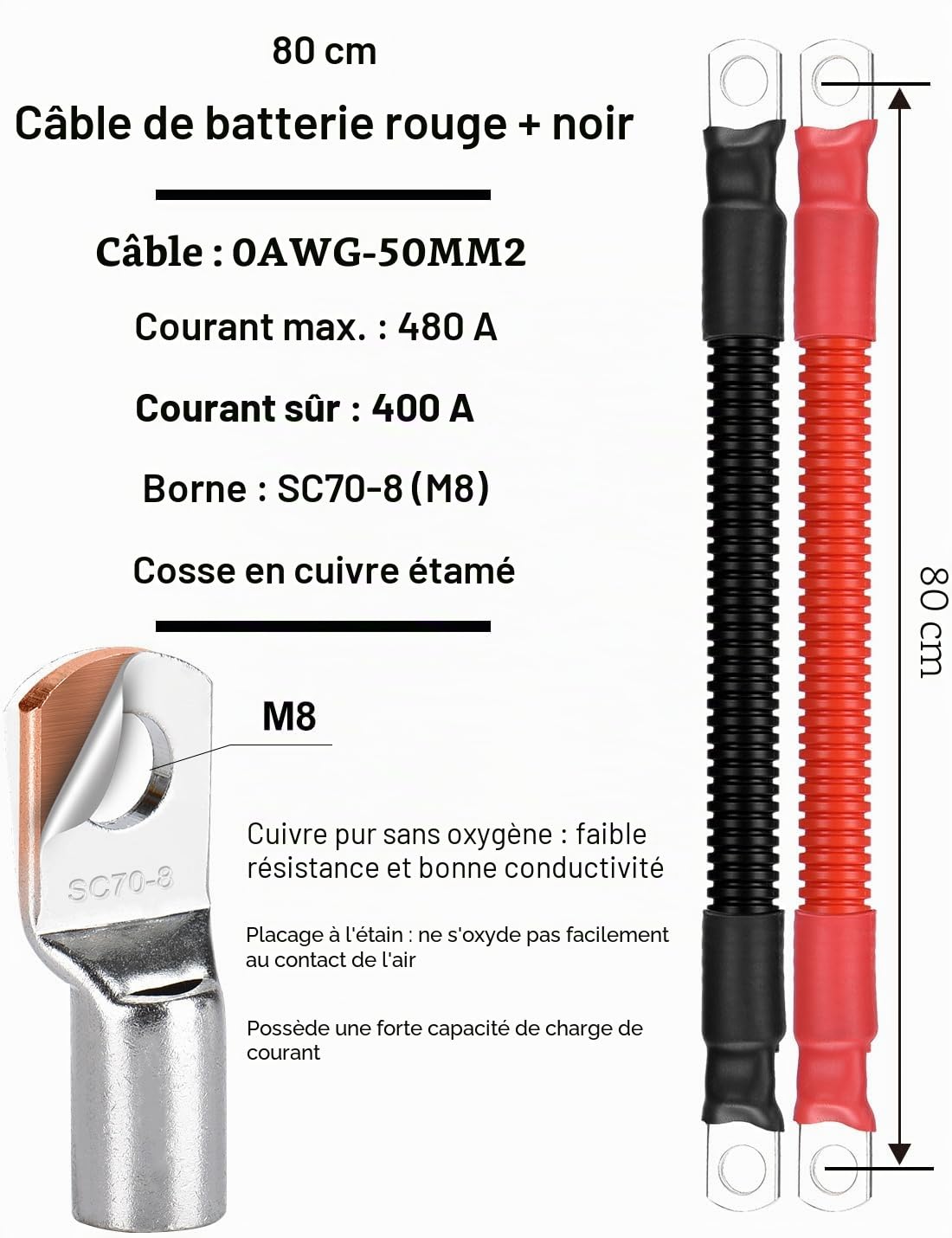 DIHOOL Câble de batterie 50 mm2 m8 80 cm 0 AWG câble en silicone tube ondulé tube de câble souple et flexible résistant à la chaleur