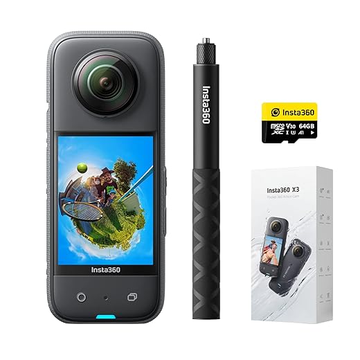 Insta360 X3 Beginner's Bundle - Waterproof 360° Action Camera with 1/2 Inch Sensor, 5.7K 360°, 72MP 360° Photos, Stabilization, 2.29 Inch Touch Screen, Vibration Feedback, AI Editing, Live Streaming