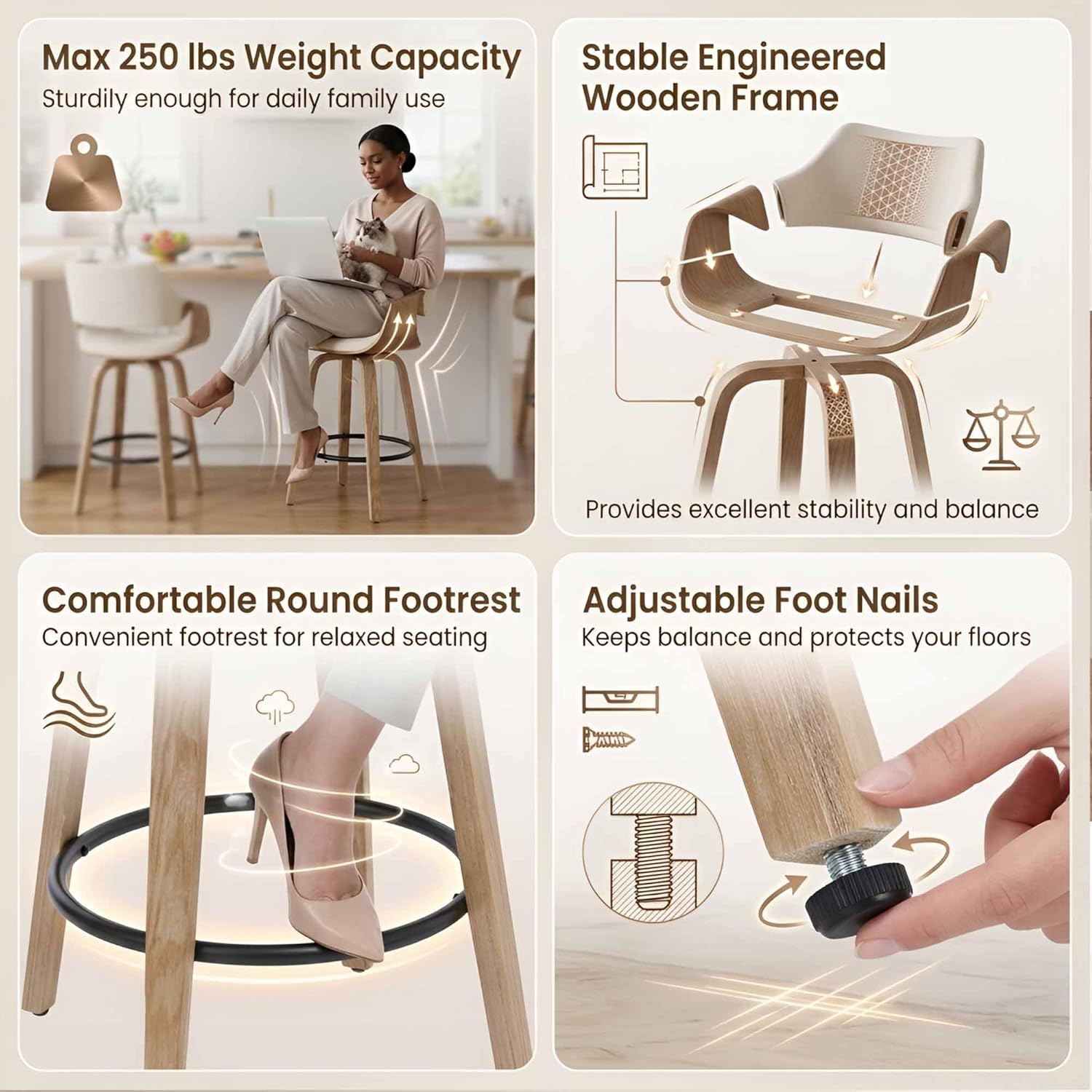 26 Inch Modern Barrel Swivel Counter Stools Counter Height Swivel Bar Stools with Backs Set of 2, Beige Linen Upholstered Bar Height Island Chairs, Farmhouse Solid Wood Barstools for Kitchen Island