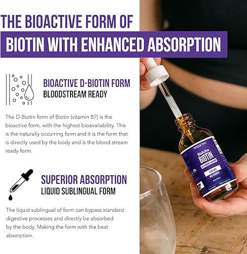 Miniatura 5 de Biotin - Soporte para el cabello para mujeres, orgánico de 10000 mcg de grado USP, suplemento líquido prémium para alta absorción, apoya el cabello,