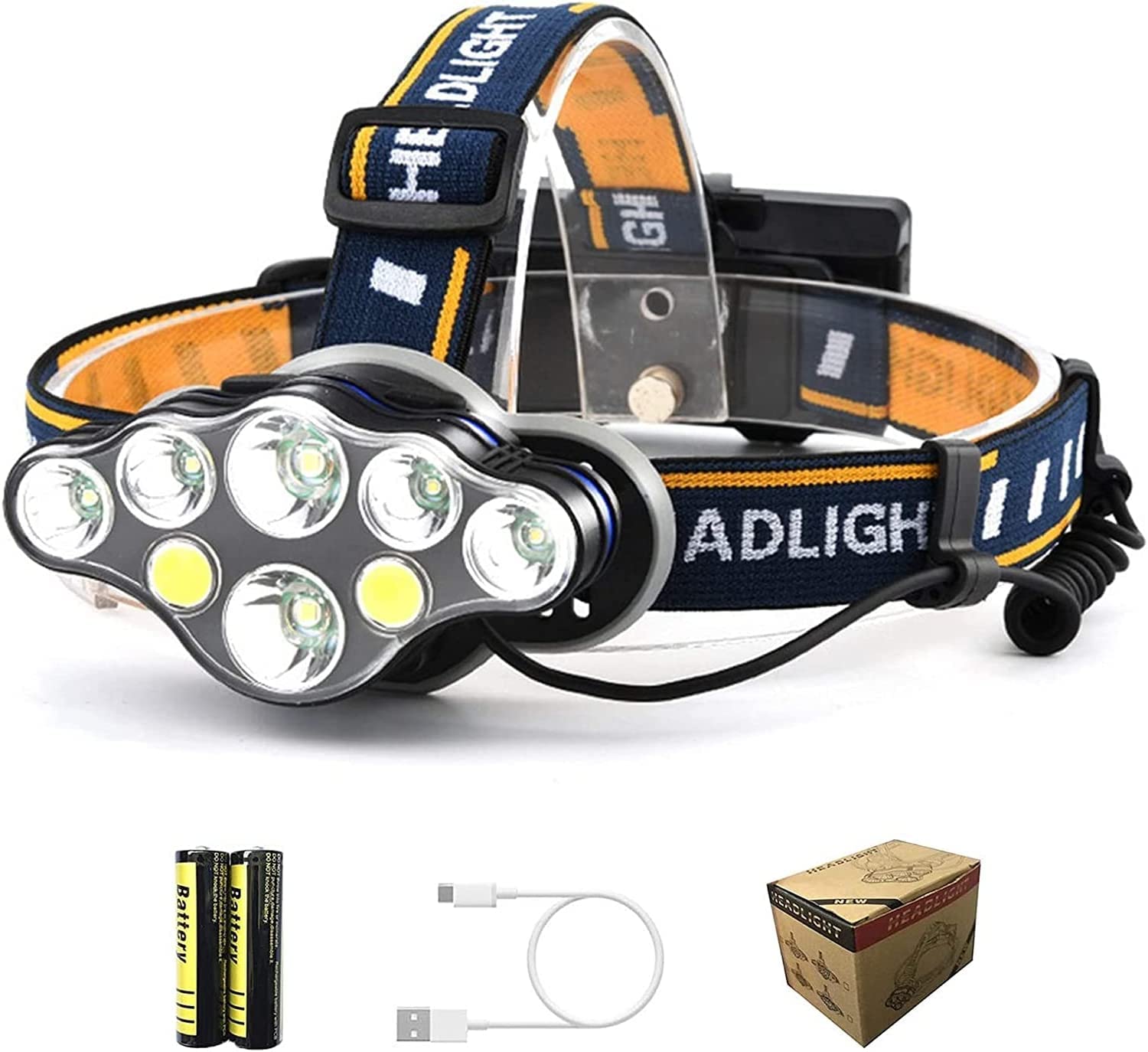 Latarka czołowa Latarka czołowa LED z możliwością ładowania 8 diod LED o mocy 18000 lumenów Latarka czołowa z 1 kablem USB i 2 bateriami Możliwość ładowania przez USB Super jasna, regulowana