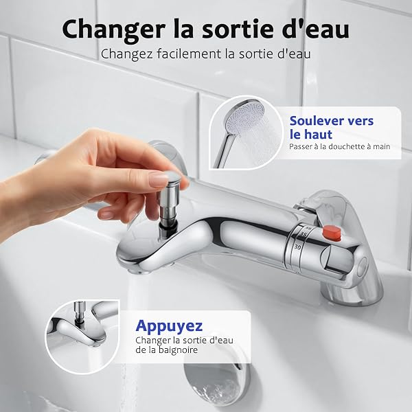 Mitigeur Baignoire Thermostatique,Mitigeur Bain Thermostatique,Robinet de baignoire avec arrêt de sécurité à 38°C,Chromé - 2