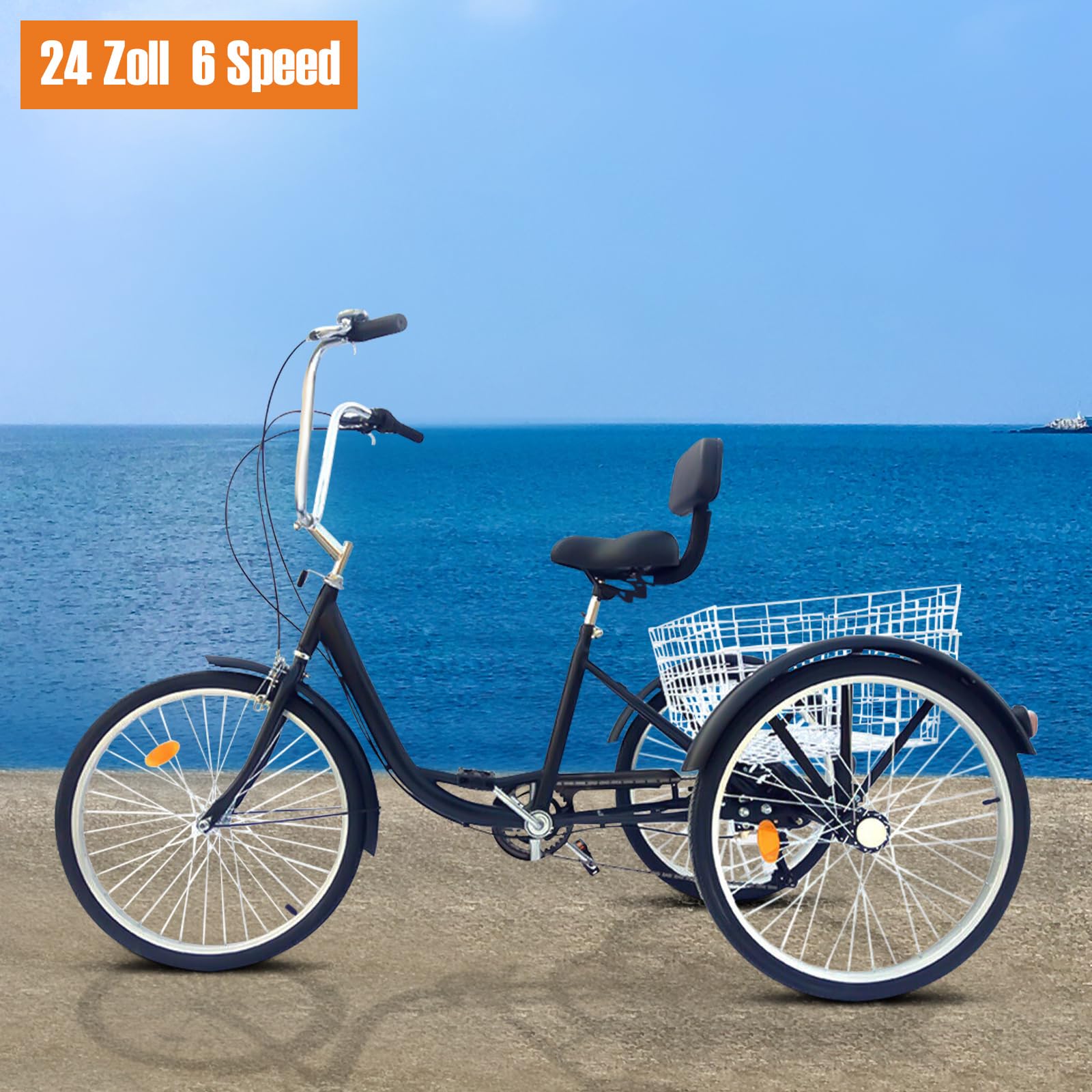 3-Rad-Cruiser-Fahrrad, Dreirad-Fahrrad for Erwachsene, mit Lordosenstütze, 6-Gang 24-Zoll, Mit Einkaufskorb, Werkzeuge for Besichtigungstouren, für Senioren, Frauen, Männer, Umweltfreu