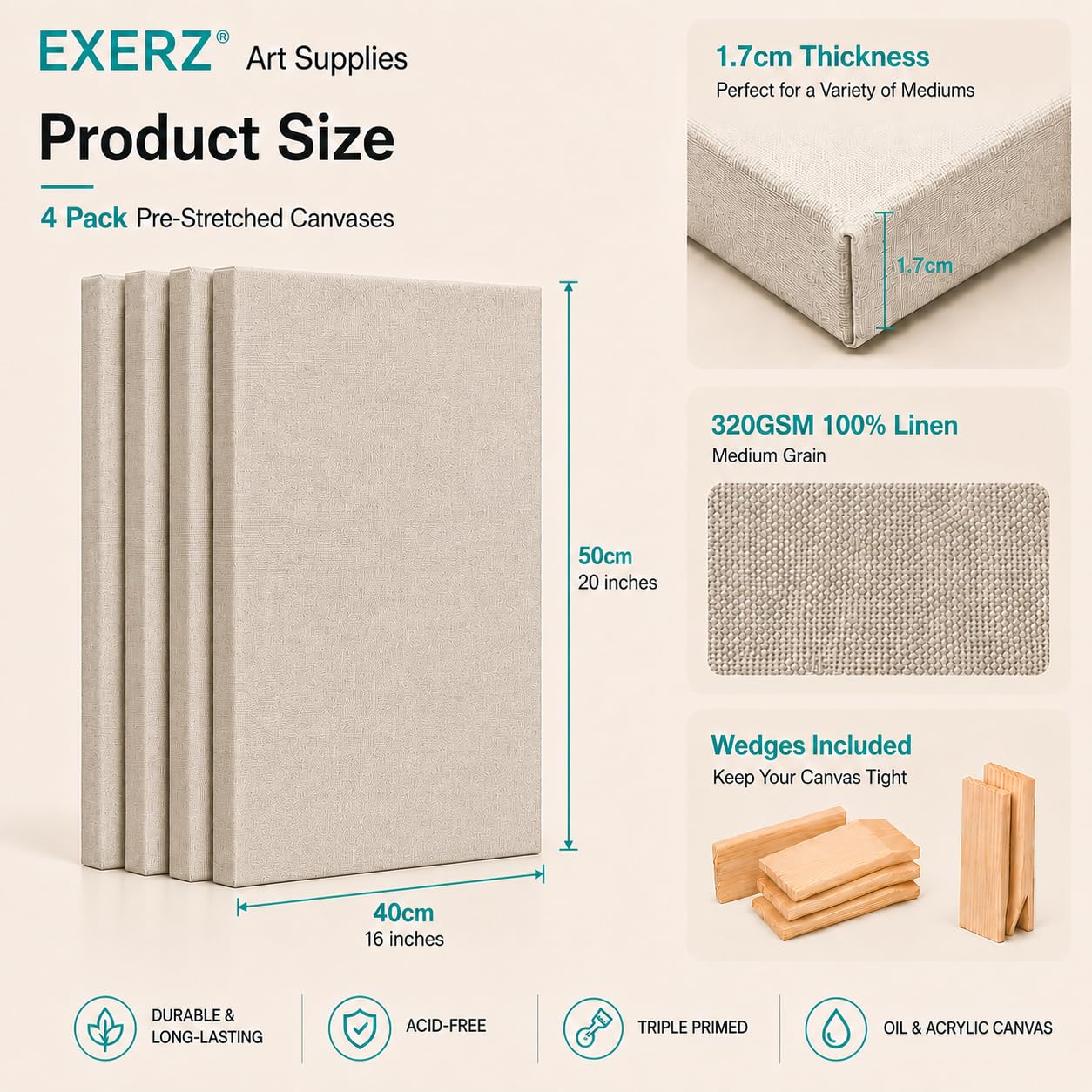 EXERZ 40x50cm Toiles Pré-étirées de Lin 4pcs - 320gsm, Triple apprêt, Sans Acide, Grain Moyen, Pur Lin Écru - Huile et Acrylique