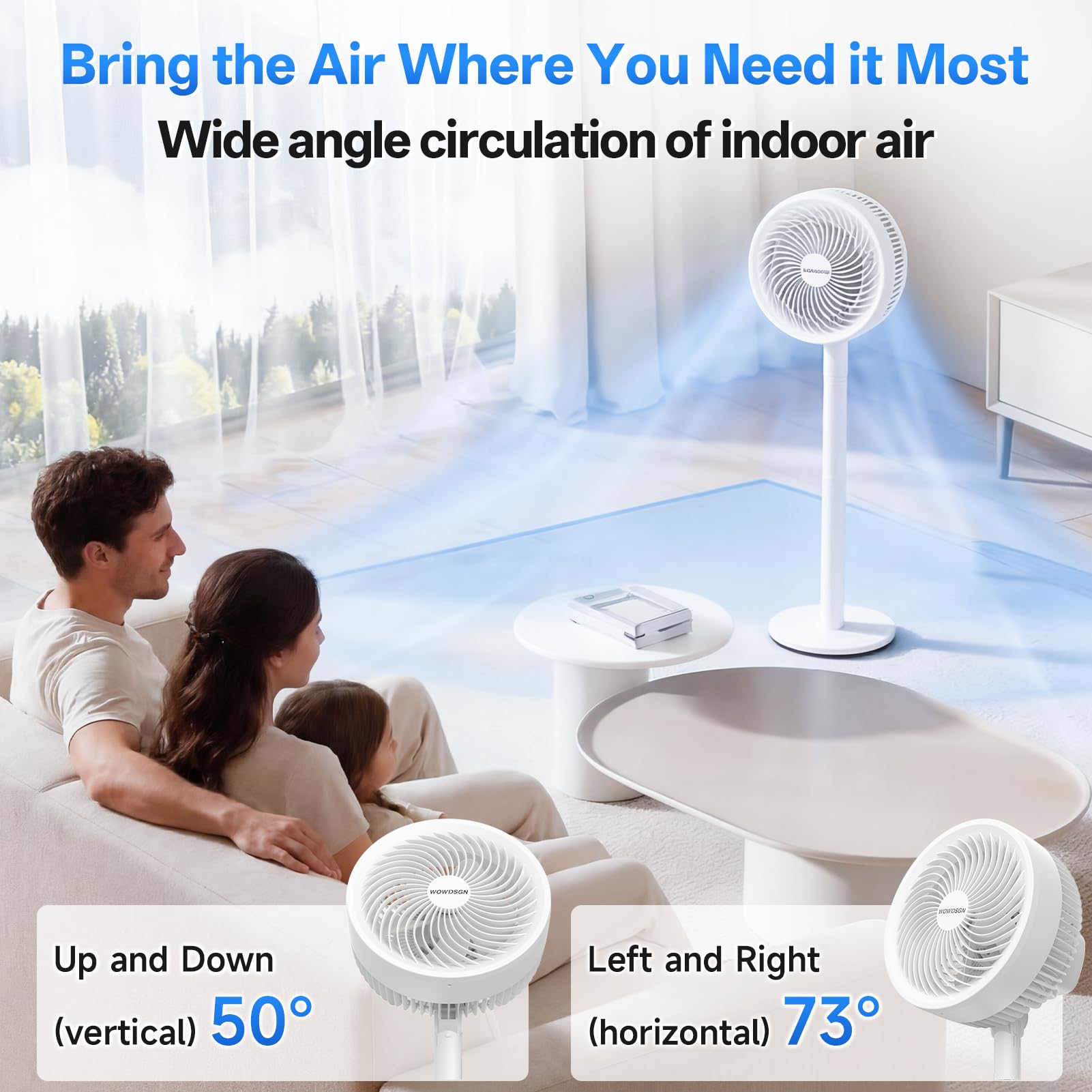 WOWDSGN Ventilateur 2-en-1 sur Pied & de Table, 3 Vitesses, Hauteur Réglable 36,8–106 cm, 38W Moteur Puissant à 5 Pales, Circulation d'Air pour Chambre