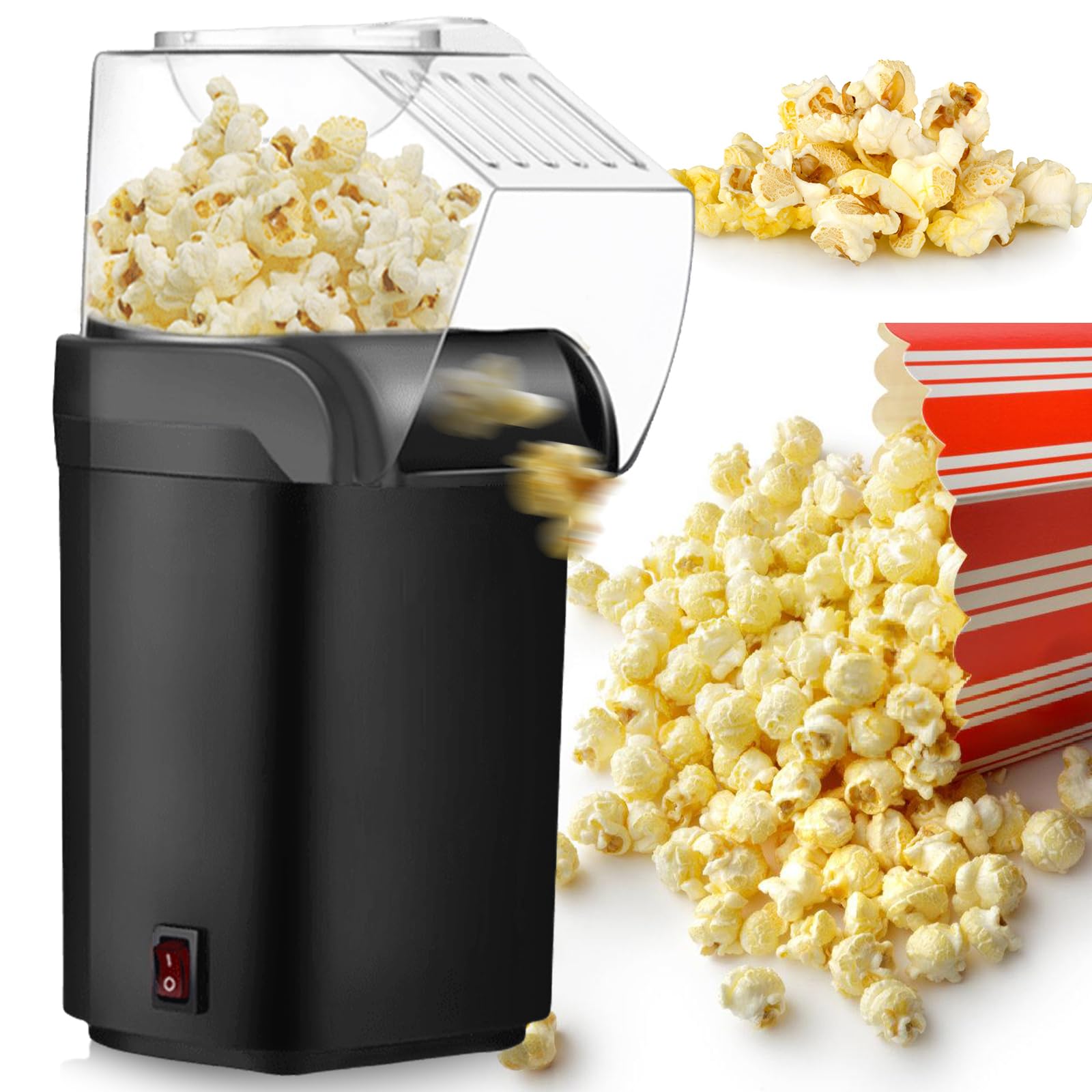 Popcornmaschine 1200w, Heißluft-Popcornmaschine Mit Messbecher Für Zuhause, Schnelles Popcorn in 2 Minuten, Gesund& ölfrei,Fettfrei, Perfekt Für Heimkino, Filmabende, Partys (Schwarz)