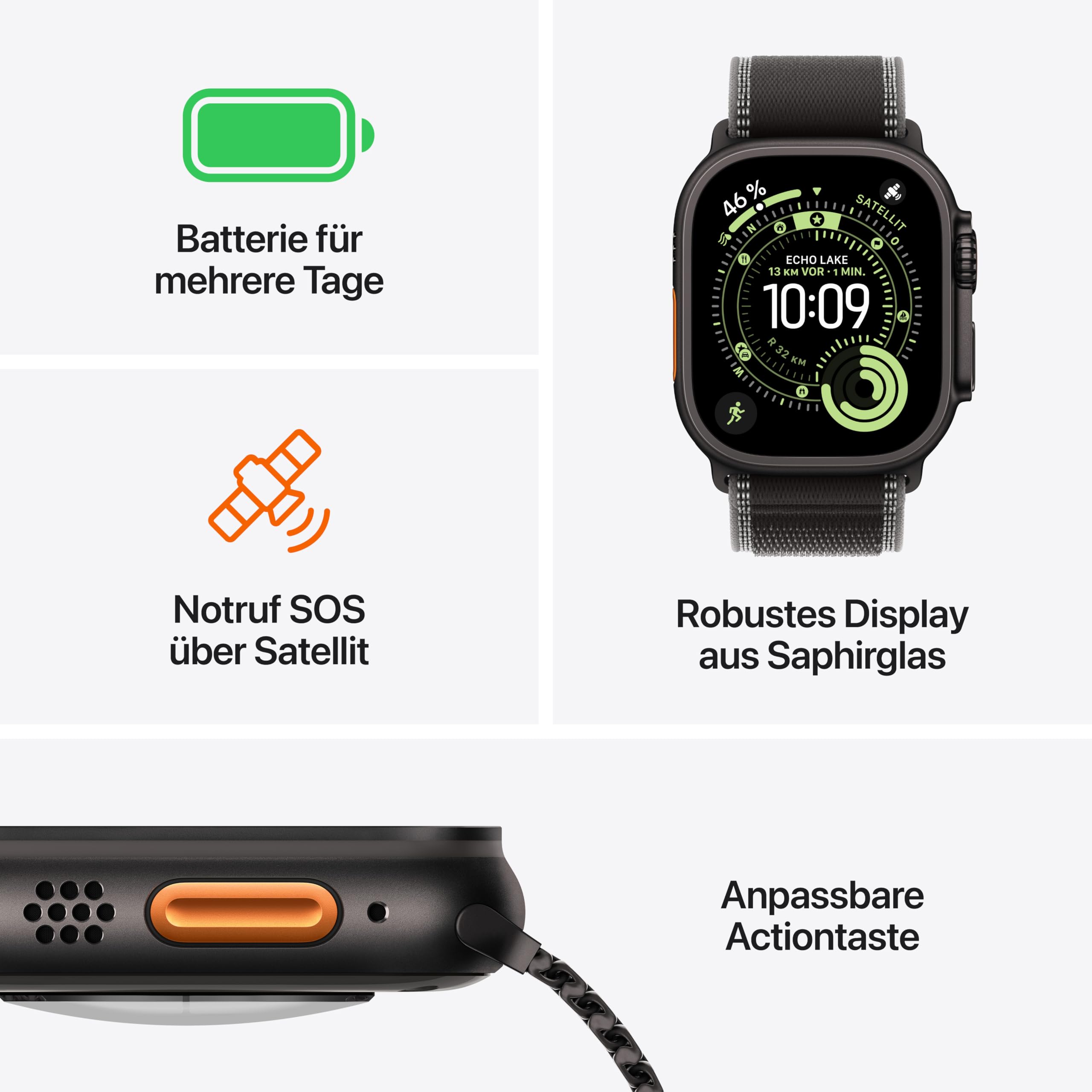 Apple Watch Ultra 3 GPS + Cellular 49 mm Premium Smartwatch für Lauftraining und Kombinationssport mit robustem Titangehäuse in Schwarz und Alpine Loop in Schwarz (Medium)