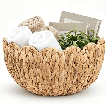 YOUEON Large Scalloped Wall Basket 16" x 7" x 10", Handwoven Natural Water Hyacinth Hanging Basket with Hook & Screws, Boho Decor for Front Door, Living Room, Bathroom