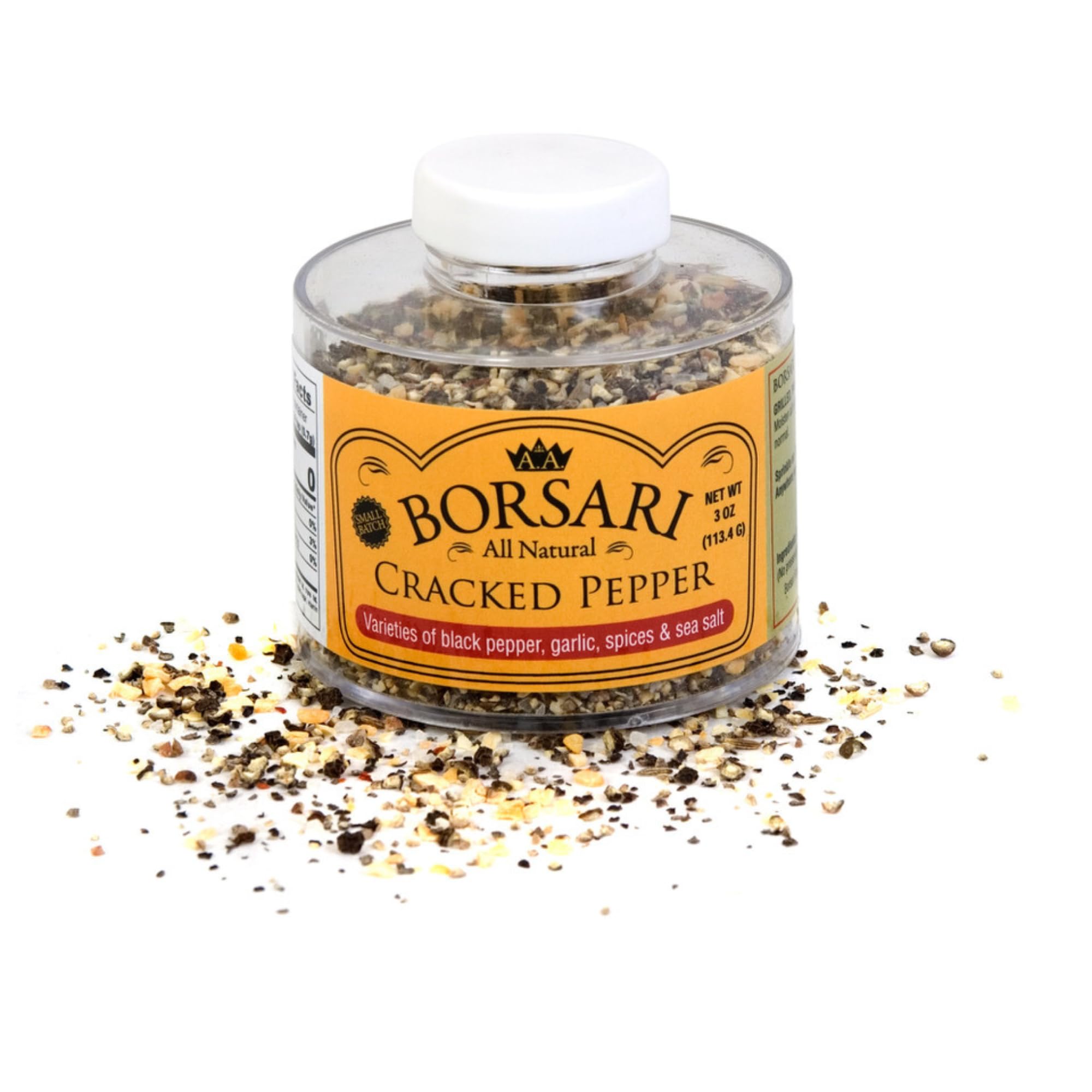 Borsari Cracked Pepper Seasoning Blend - Fresh Cracked Black Pepper Seasoned Salt Blend with Garlic & Red Pepper Flakes - Gourmet Pepper Blend for Meat and Poultry (Cracked Pepper 3oz, Pack of 1)
