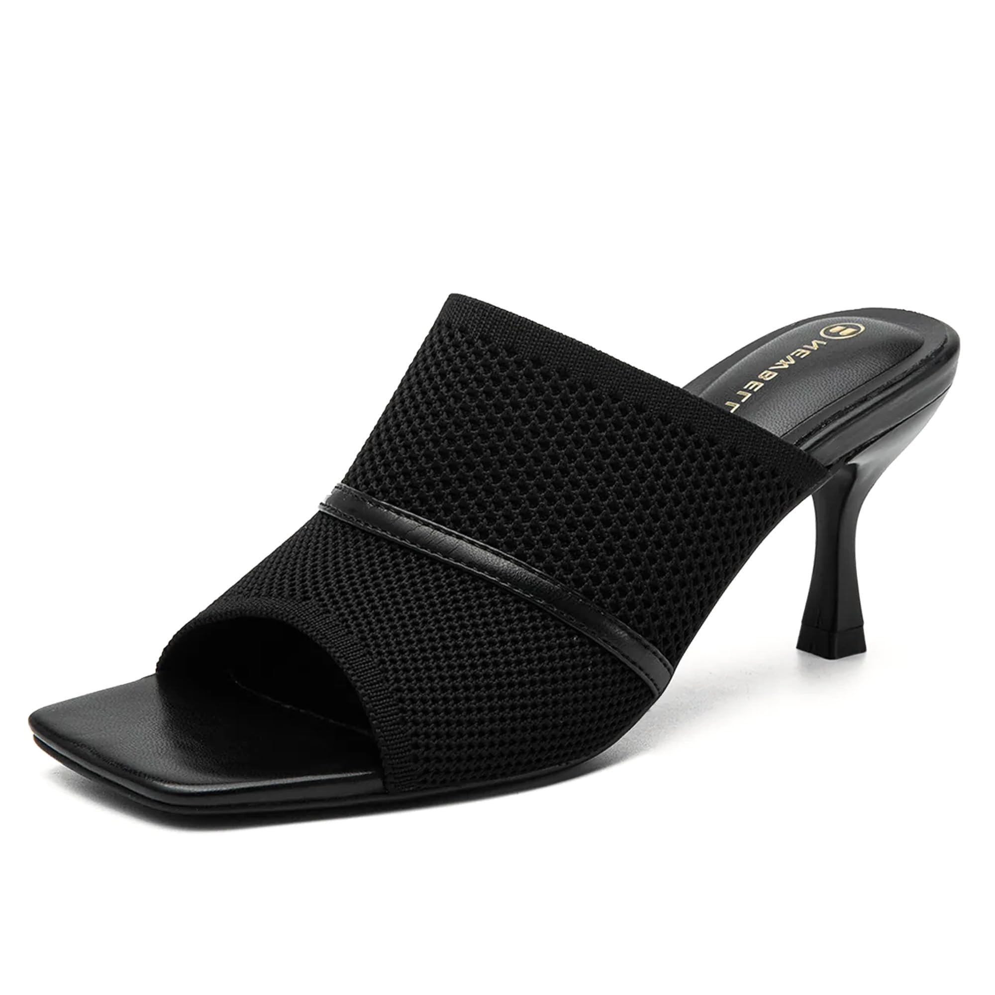NEWBELLA Mousse Fit Women's Mesh Heeled Sandals, Square Open Toe Heeled Mules for Women, Commute Slip On Stiletto Heeled Slides