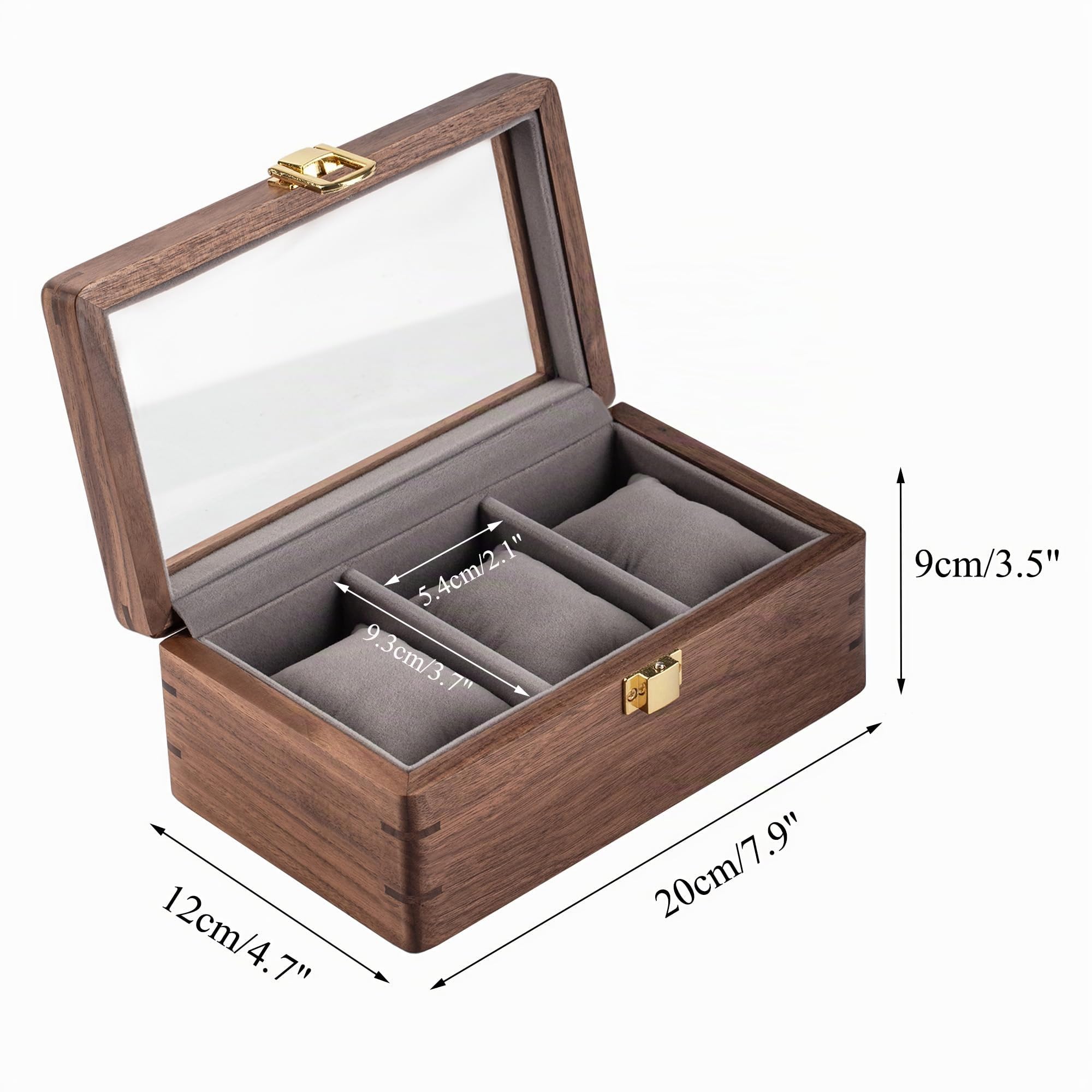 muso wood Boîte à montres en bois de noyer massif d'Amérique du Nord de luxe avec fenêtre en verre et fermeture en métal pour 3 montres 20 x 12 x 9 cm, SN109-D