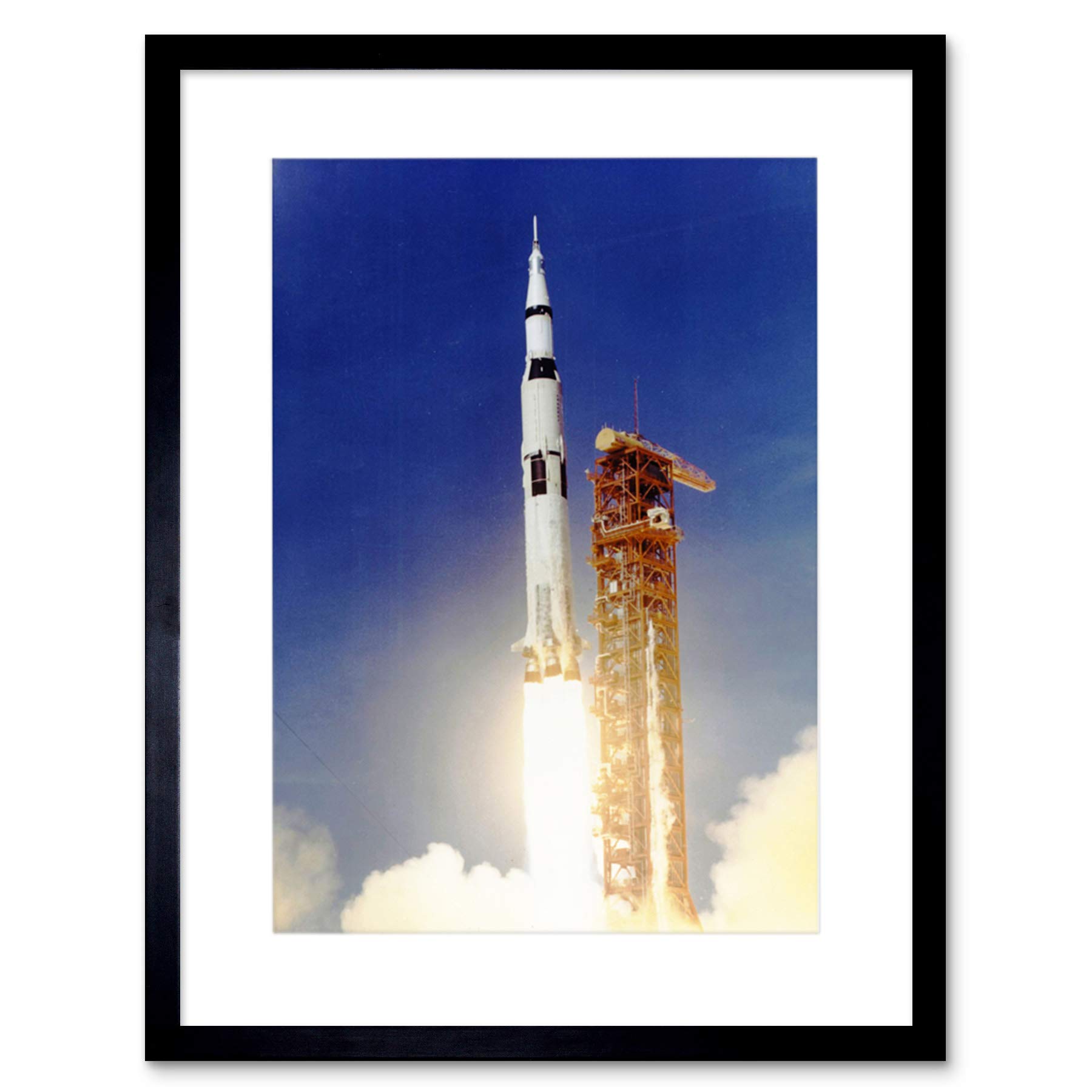 Wee Blue Coo Space Apollo 11 Launch Saturn V Rocket Blast Thrust Flame Cool Framed Wall Art Print