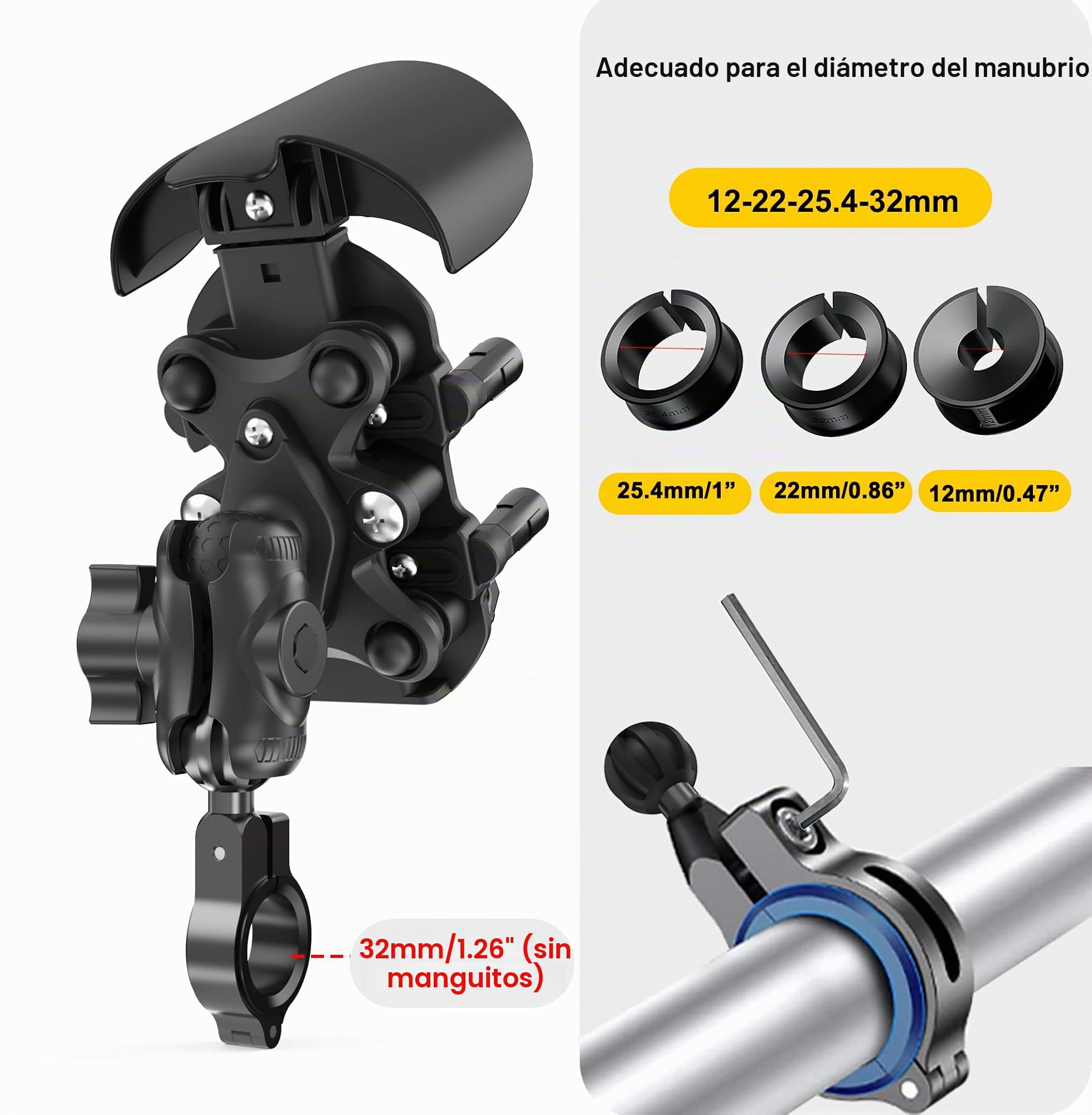 iMESTOU Soporte Antivibración para Teléfono Móvil de Motocicleta con Base Esférica de 2,5 cm Adecuado para Manillares de 12 a 32 mm, Ampliamente Compatible con Smartphones de 5,4 a 7,0 Pulgadas