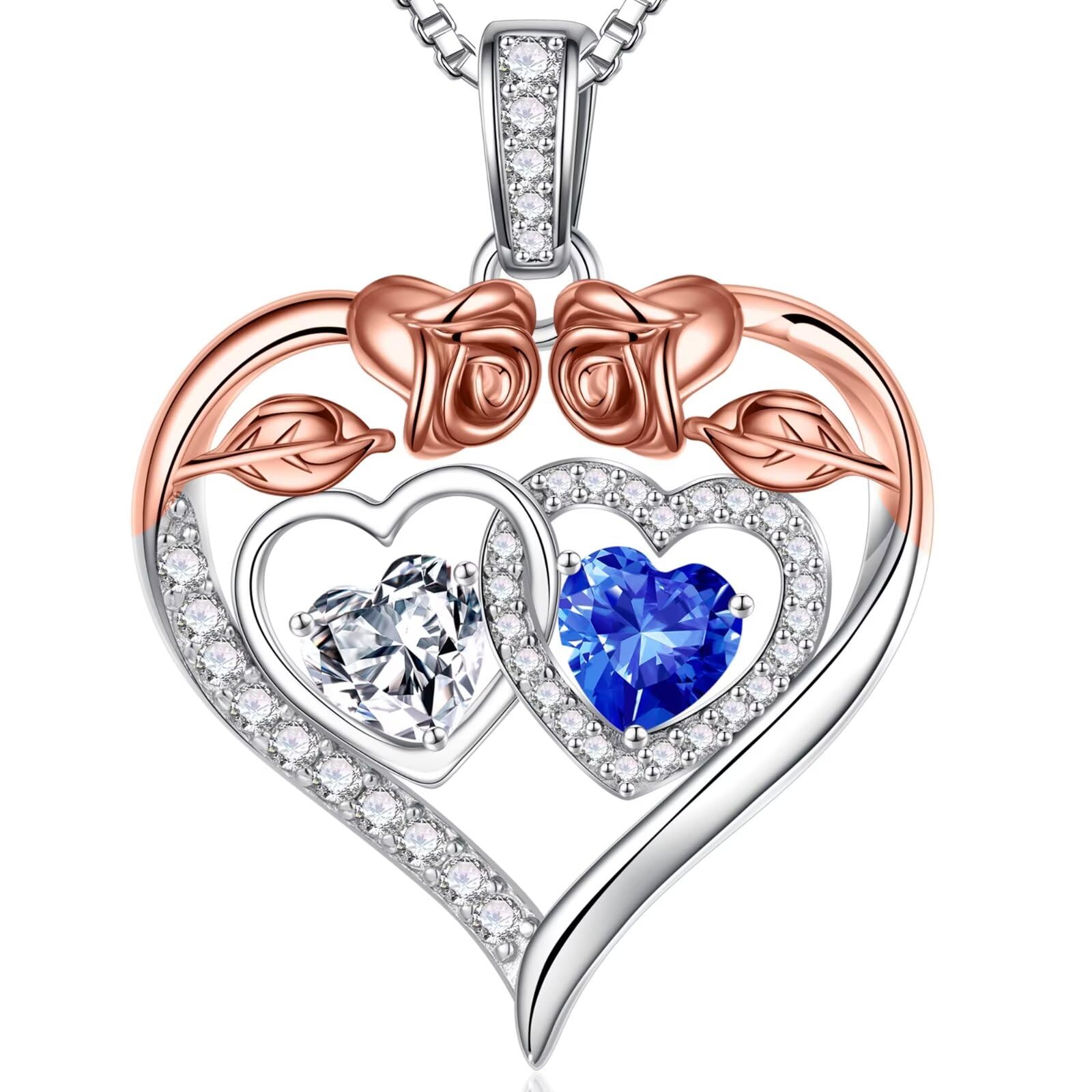 Iefil Birthstone Necklaces for Women - 925 Sterling Silver Rose Heart Necklaces for Women, Anniversary Birthday Gifts for Wife Girlfriend Mom