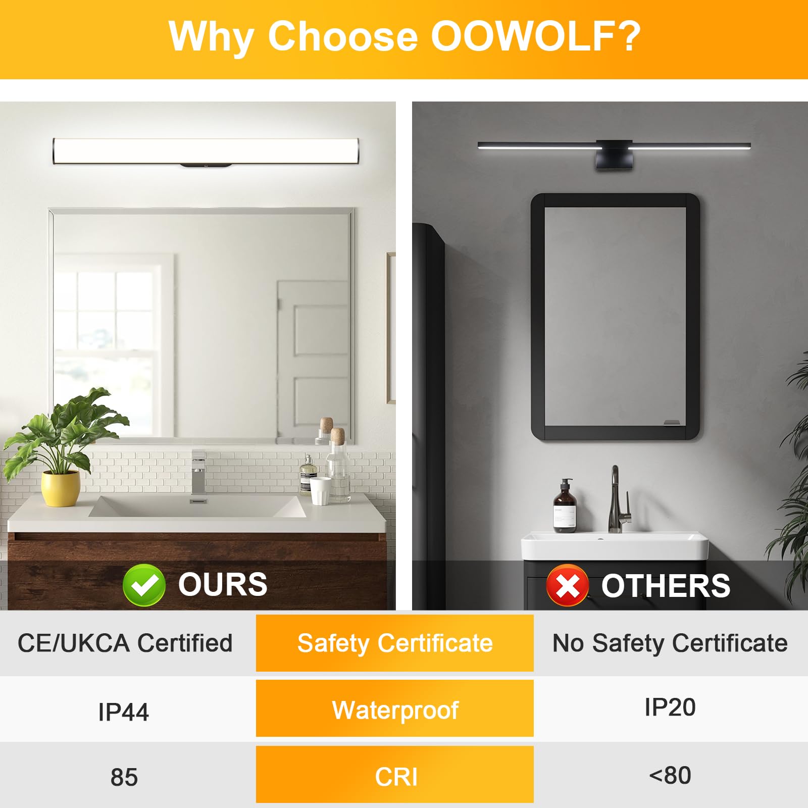 OOWOLF 30W 80CM Lustro łazienkowe - 4000K Oświetlenie LED IP44 Nad lustrem na ścianie do toaletki/szafki