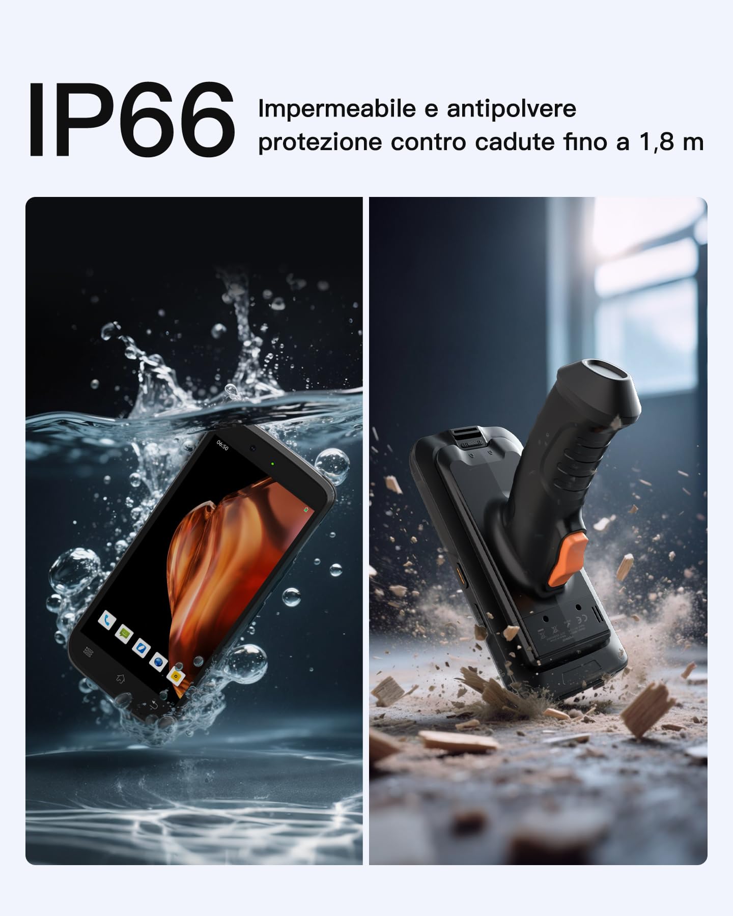 Inateck Android 12 Scanner di Codici a Barre PDA, Schermo Touch 6", Lettore 1D/2D con Impugnatura, Bluetooth, IP66 6500mAh, Wi-Fi 6 e 4G, per Commercio, Magazzino, Logistica, Sanità