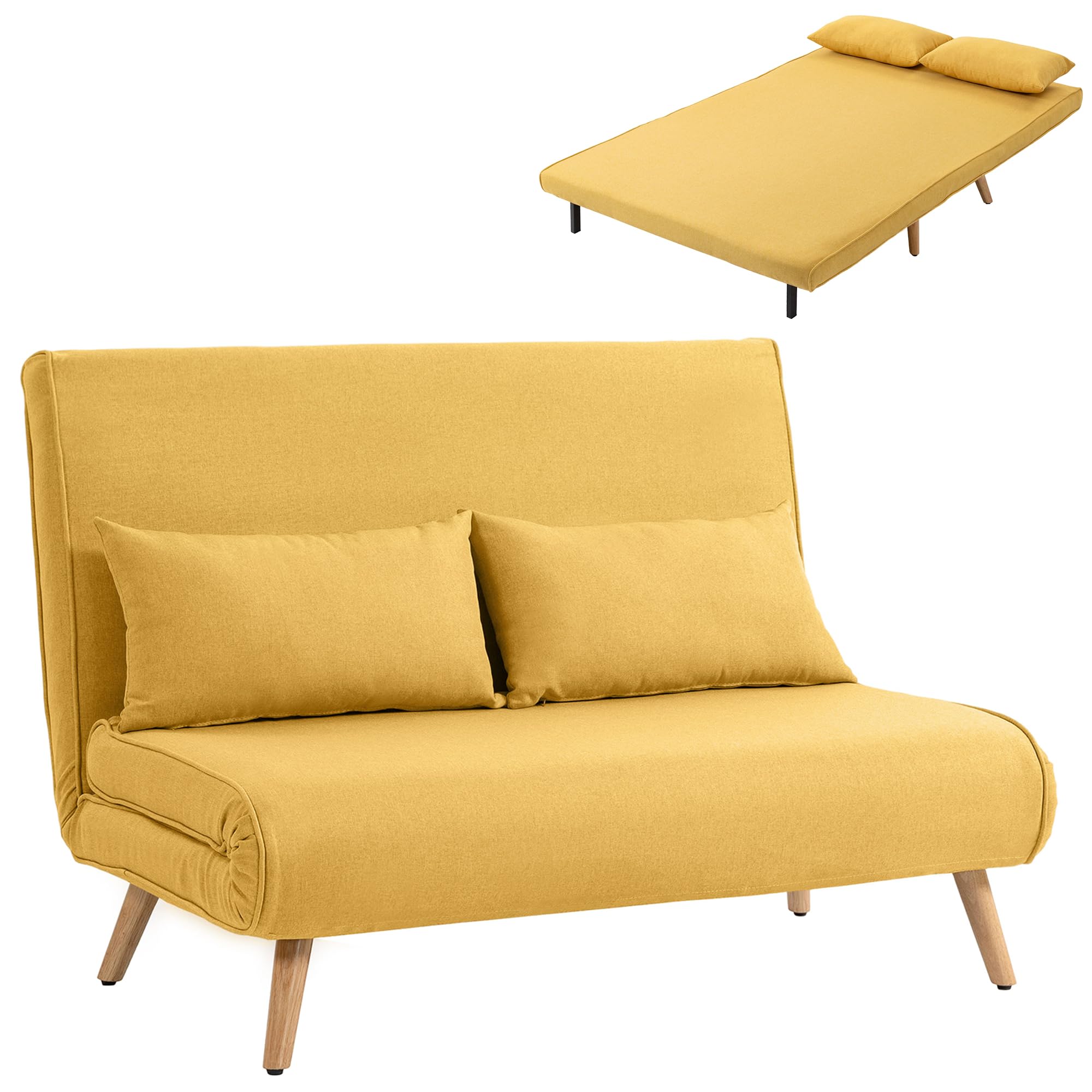 HOMCOM Sofá Cama de 2 Plazas Plegable 3 en 1, Sofá Cama, Tapizado en Lino, con Respaldo Ajustable 5 Posiciones, 2 Almohadas, para Dormitorio, Salón, Amarillo