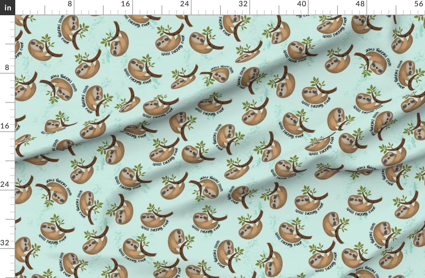 Spoonflower Fabric - Sloth Sloths Jungle Rainforest F Word Curse Adult Turquoise Blue Brown Printed on Organic Cotton Sateen Fabric by The Yard - Sewing Quilting Apparel Home Decor