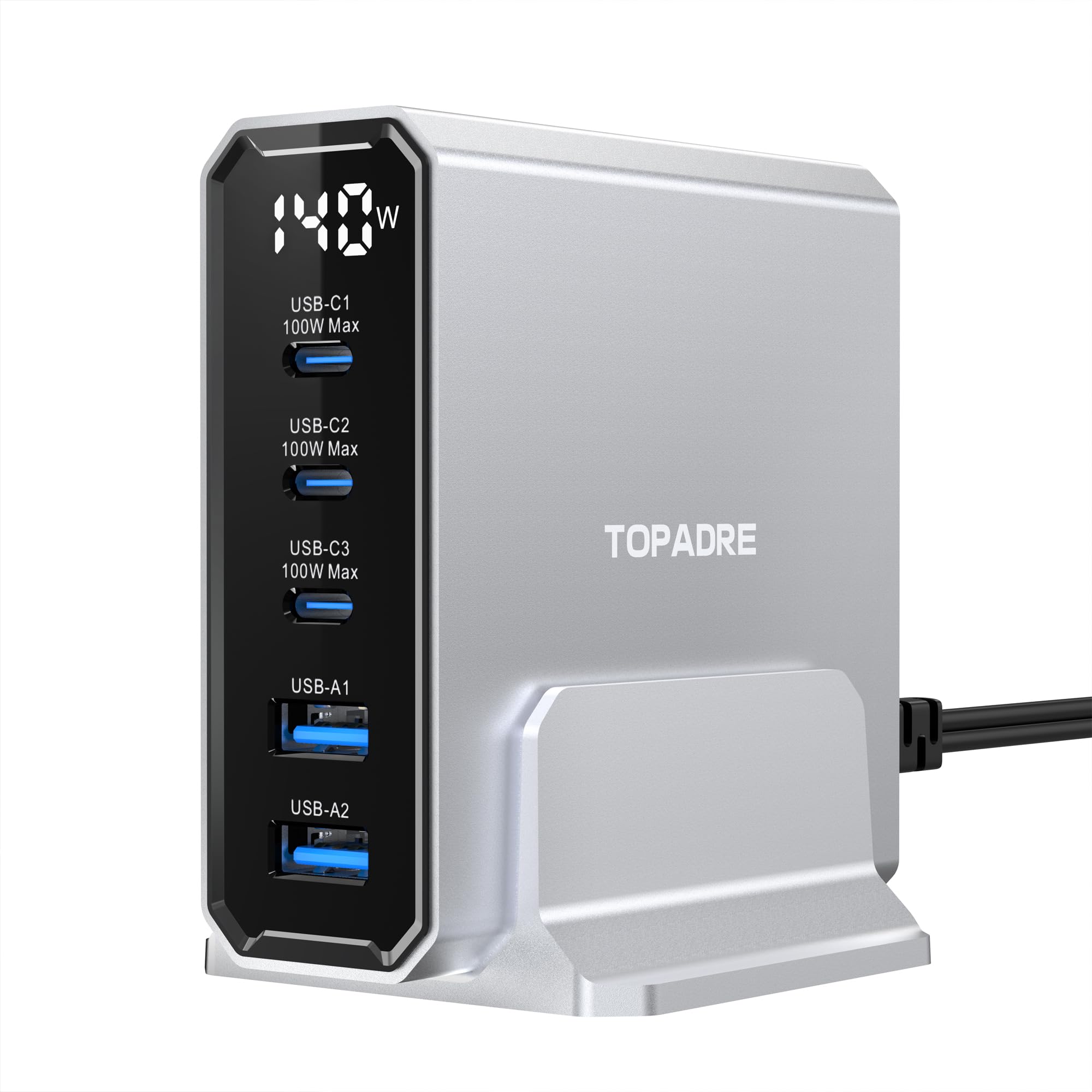 TOPADRE 140W USB C Charging Station connected to a power outlet and charging a MacBook Pro.
