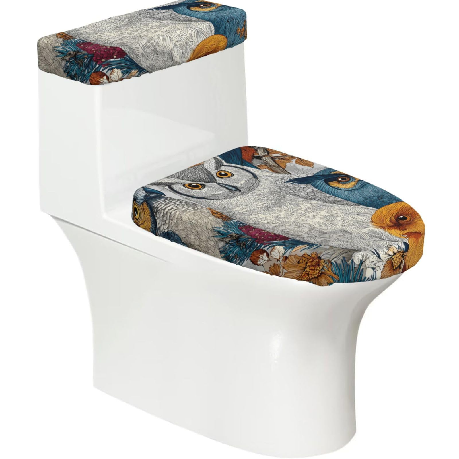 X Psblty Owl Toilet Seat Cover Set 2 Piece Bathroom Decor Toilet Lid Cover With Tank Top Cover Stretch Fit Soft Fabric For Home 15-21 Inch