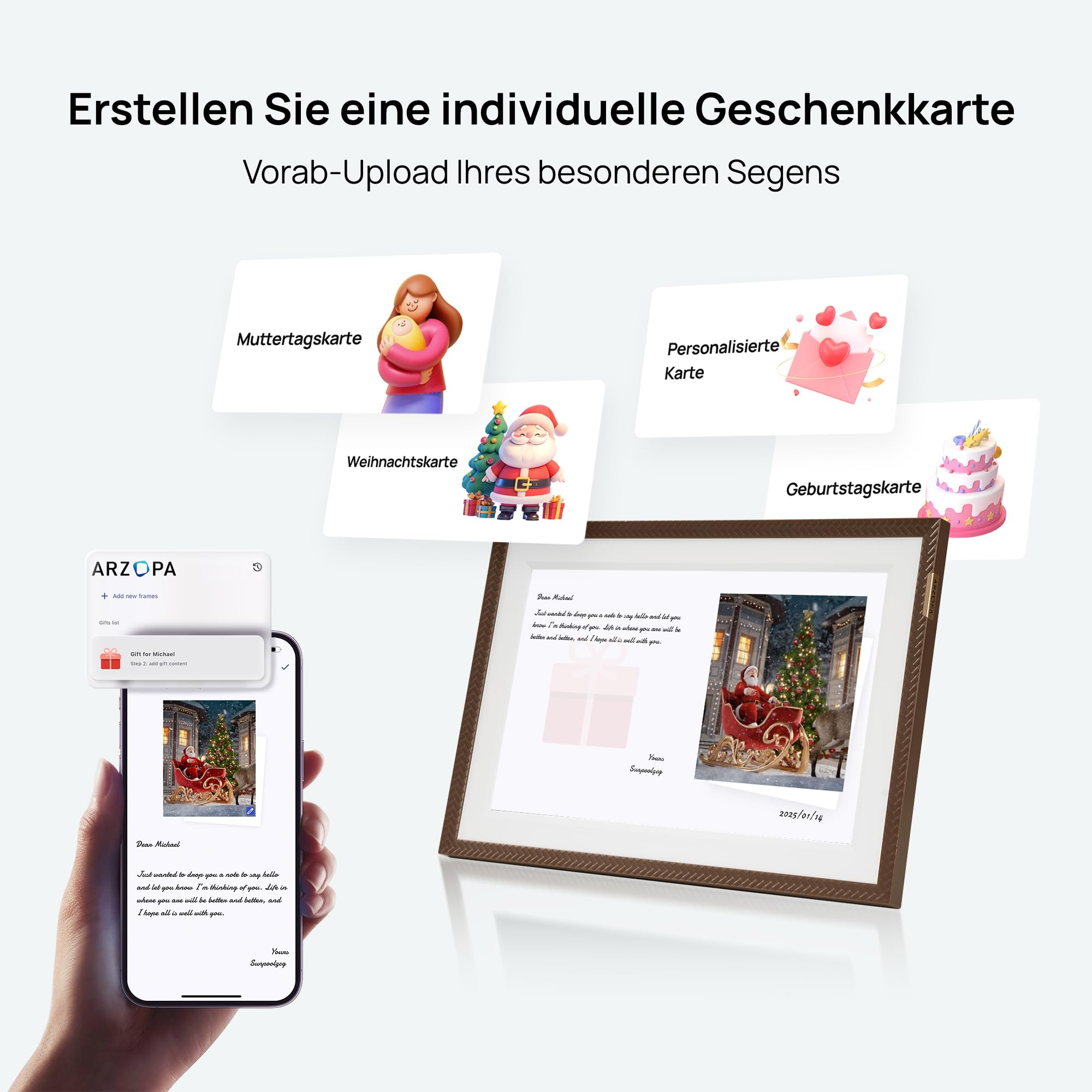 ARZOPA Digitaler Bilderrahmen Groß 15,6 Zoll Kostenlos Unbegrenzter Cloud-Speicher Sofortige Fernübertragung Fotos Videos FHD Touchscreen Elektronischer Bilderrahmen Geschenk für Feiertage - D15 Braun