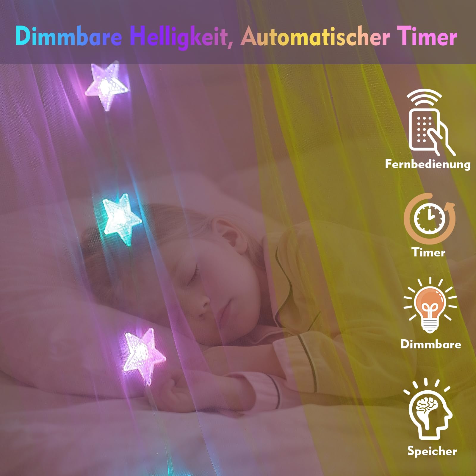 Regenbogen Betthimmel Mädchen mit Lichtern, 24 Farben Himmelbett Vorhänge LED-Stern Fee Lichter Prinzessin Baldachin Remote Timer für Kinderzimmer Zelt Twin Full Queen King Size Bett