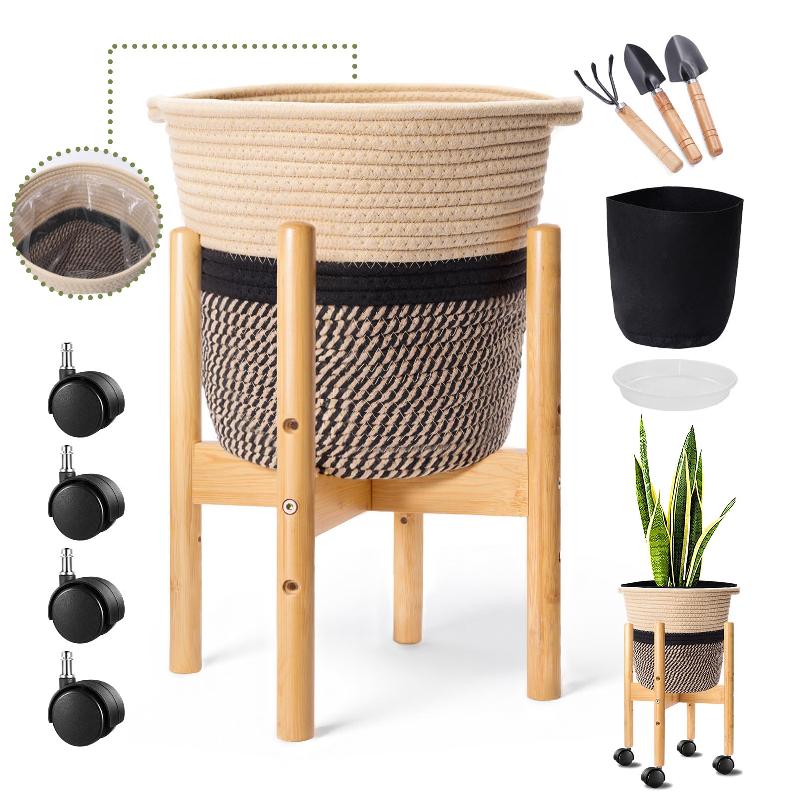 HOSASSPER Woven Plant Pot Basket Stand, Standing Basket Planter with Wheels, Wicker Jute Rope Rattan Planter Basket, Straw Basket Plant Holder Set with Waterproof Liner for Indoor Large Floor Plants
