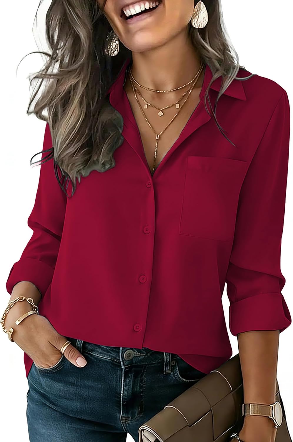 HOTOUCH Button Down Shirts for Women Long Sleeve Blouse Dressy Casual Business Work Tops with Pocket - Image 2