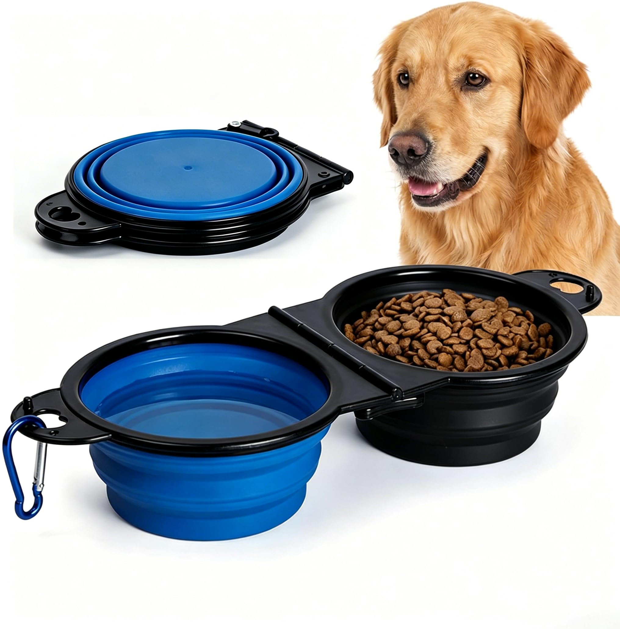 Anti-Tipping Connected Dual Foldable Pet Bowls, 350ml each for small dogs & cats, reinforced rim, collapsible portable food & water feeder, great for walking, hiking, outdoor activities (Black & Blue)