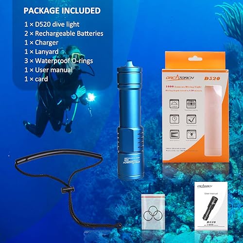 Miniatura 6 de ORCATORCH D520 Luz de buceo de 1000 lúmenes, linterna de buceo compacta IP68, impermeable, linterna de buceo nocturno, luces de buceo submarino con