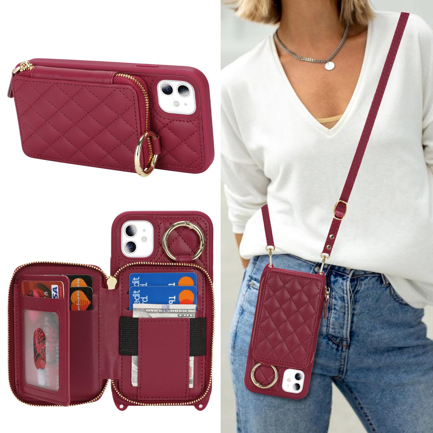 Crossbody Wallet Case for iPhone 11-Dark red