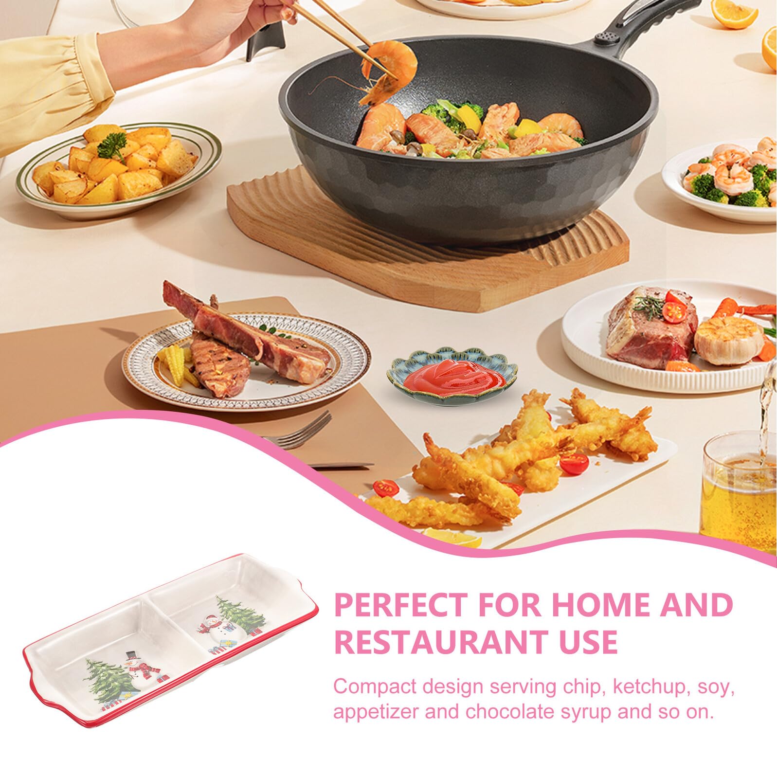 COLLBATH Plato Cerámico Dividido para Servir Alimentos Diseño Navideño Doble Compartimento Plato para Postres y Salsas para Cenas Casa