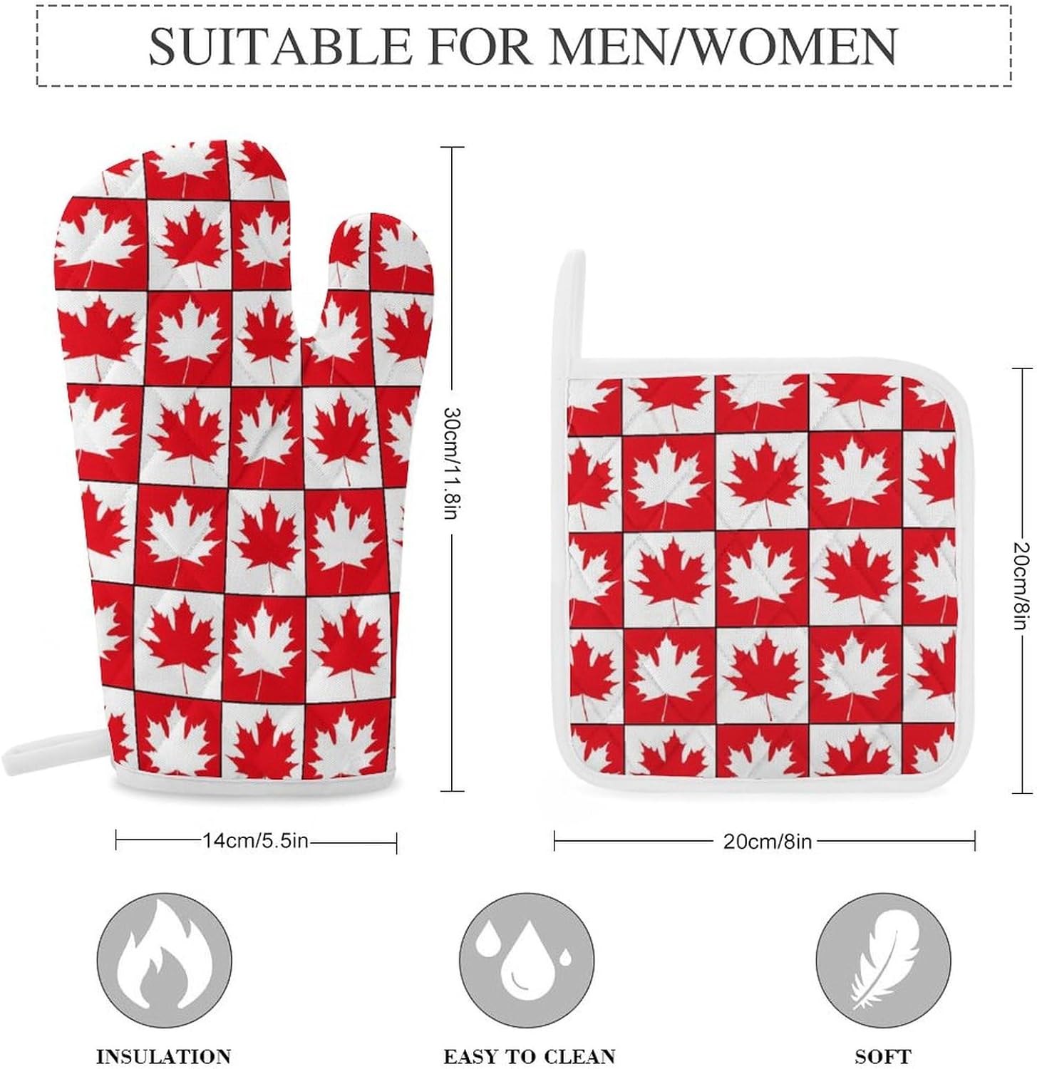 Canada Day Maple Leaf Print Oven Mitts and Pot Holders 3 Piece Sets Heat Resistant Gloves Hot Pads Potholders for Kitchen Baking Cooking